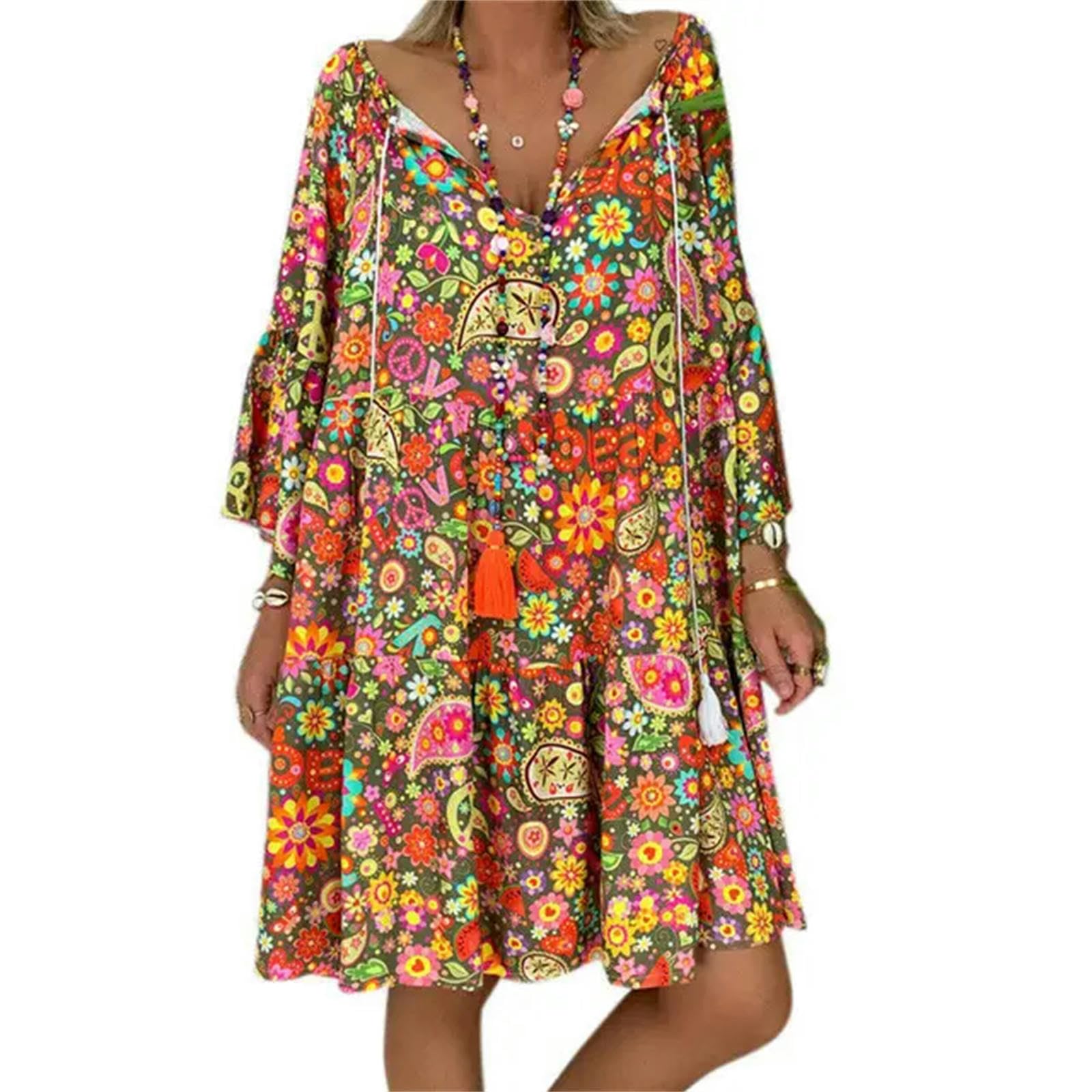 Vestido para Mujer Summer Women Boho Estampado Floral Manga Larga Vestina V Vestido Casual De Vestidos Sueltos Casuales.