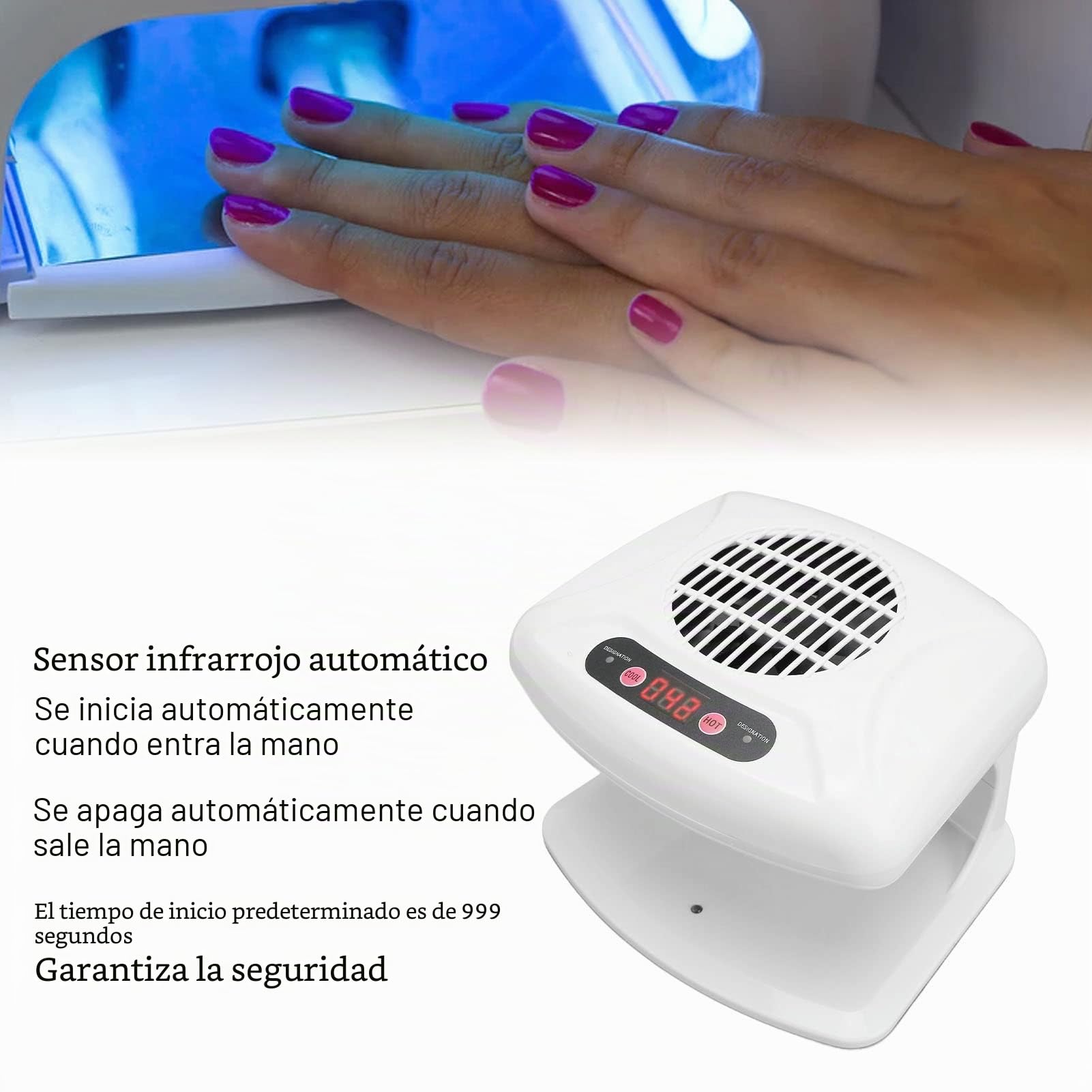 Secador de Uñas de Aire para Manos y Pies Secador de Ventilador de Uñas de Aire de 300w para Esmalte de Uñas Regular con Calor y Frío, Uso Automático