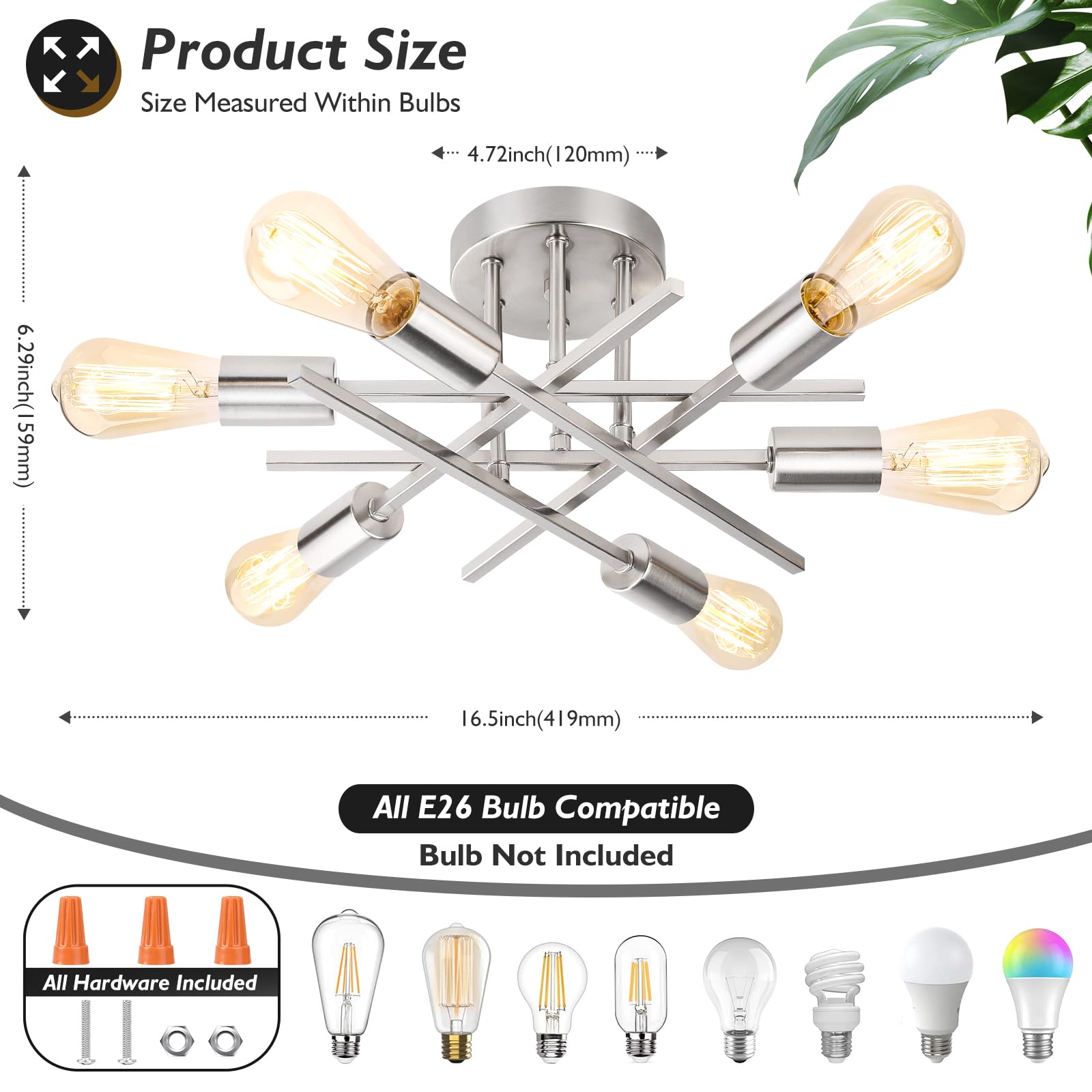 TOBUSA 6-Light Silver Semi Flush Mount Ceiling Light Fixture