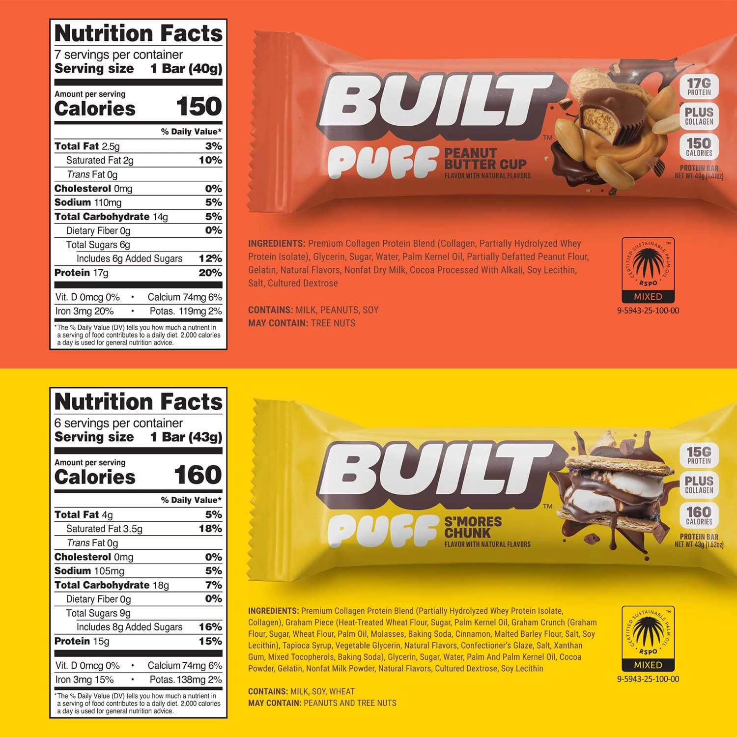 Built Bar Puff & Chunk Protein Bars, Variety Pack, 13 ct – Peanut Butter Cup & S’mores Chunk – Low-Calorie, Guilt-Free Snack image 2