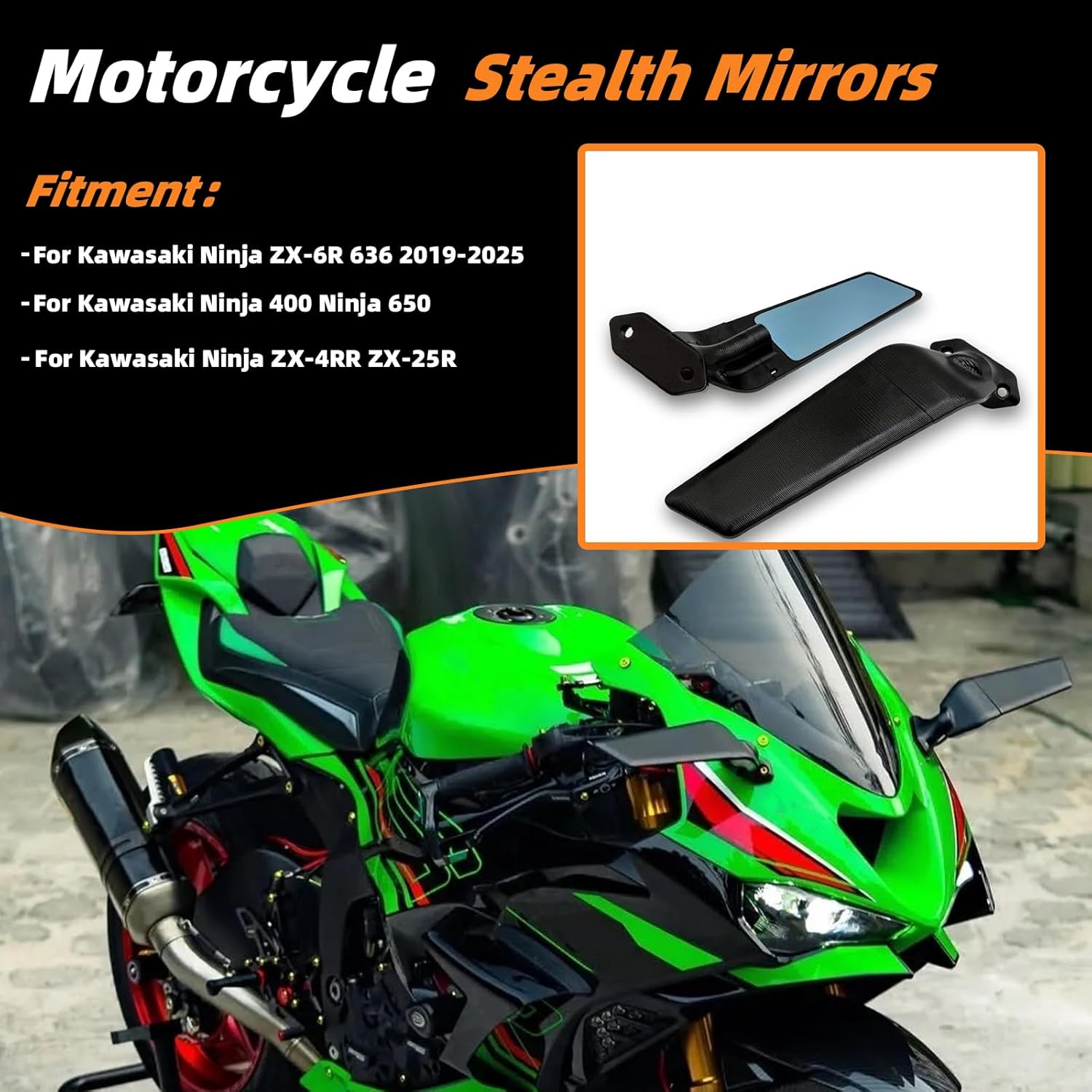 Update Stealth Mirrors for Kawasaki Ninja ZX-6R ZX6R ZX636 2019-2025, For Ninja 400/650/ZX10R/ZX-4R/RR/ZX-25R accessories stealth mirrors Wind wing rearview made of CNC Aluminum Angle adjustable