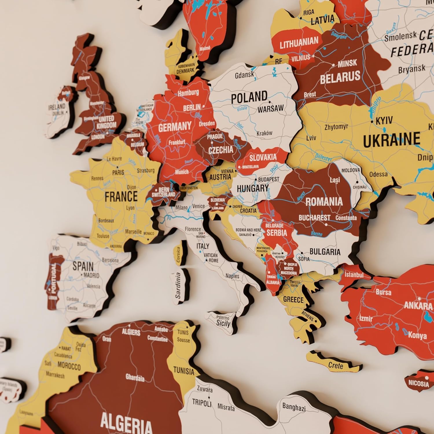 Colorfull Worlds 3D Wooden World Map Wall Art - Premium Multicolored World Travel Art for Wall Decor with Push Pins- Ideal Housewarming Gift & Travel