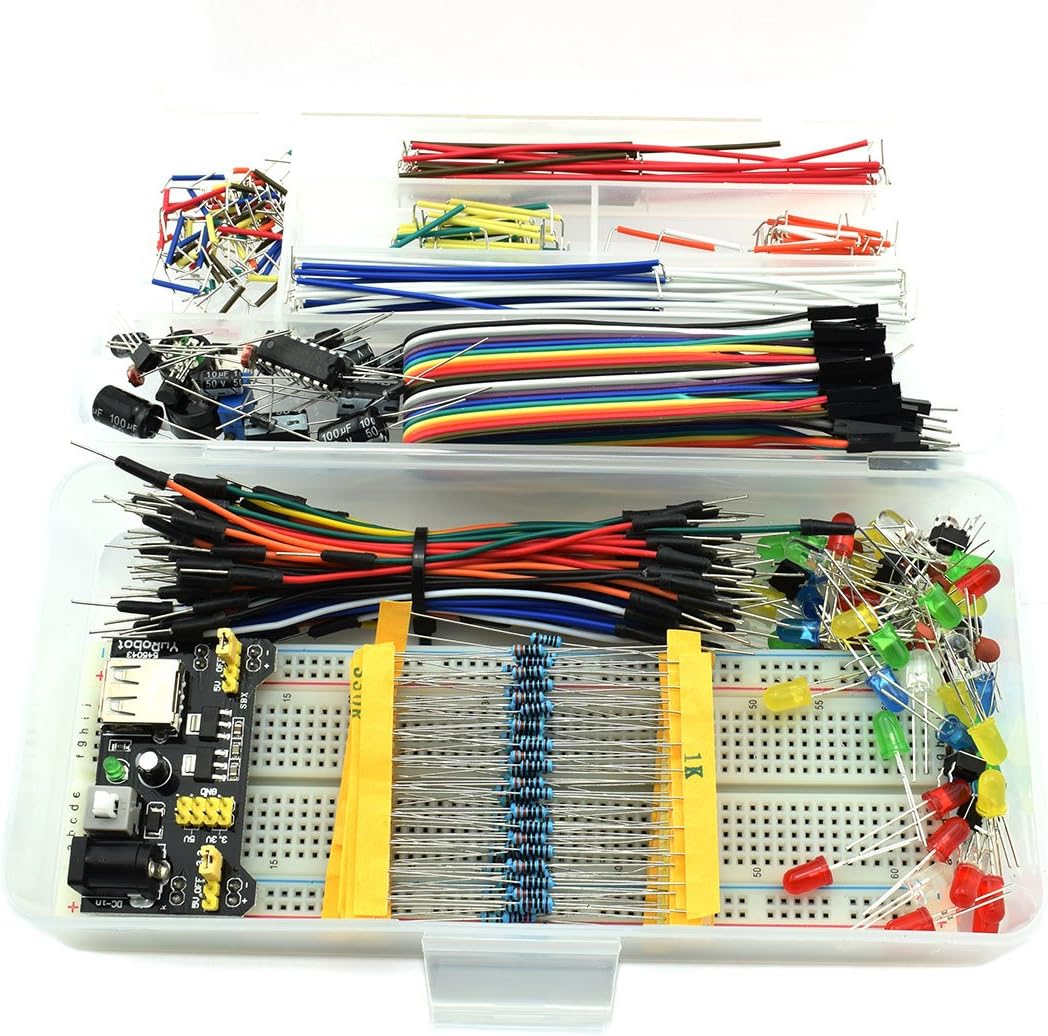 HJ Garden Electronic Component Assorted Kit for Arduino, Raspberry Pi, STM32 etc. 830 Breadboard + Jumper + Power Module + Resistor + Capacitor + LED + Switch (Pack of 458pcs)