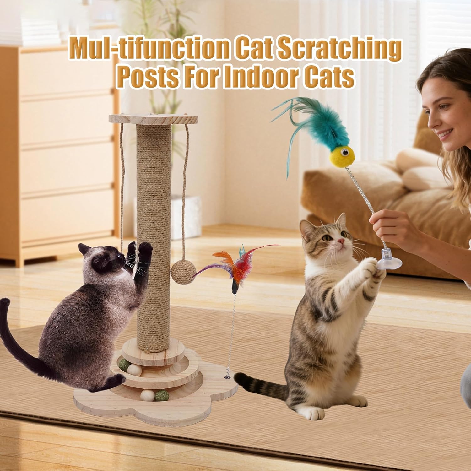 4 inch Wider Design for Large Cats Providing Greater Stability,4-in-1 Wooden Cat Scratcher Toy,Scratching Post&2-Level Track Tower with 8 Balls&2 Sisal Ball&2 Cat Wand Toy(15.8" L x 15.8" W x 19" H)