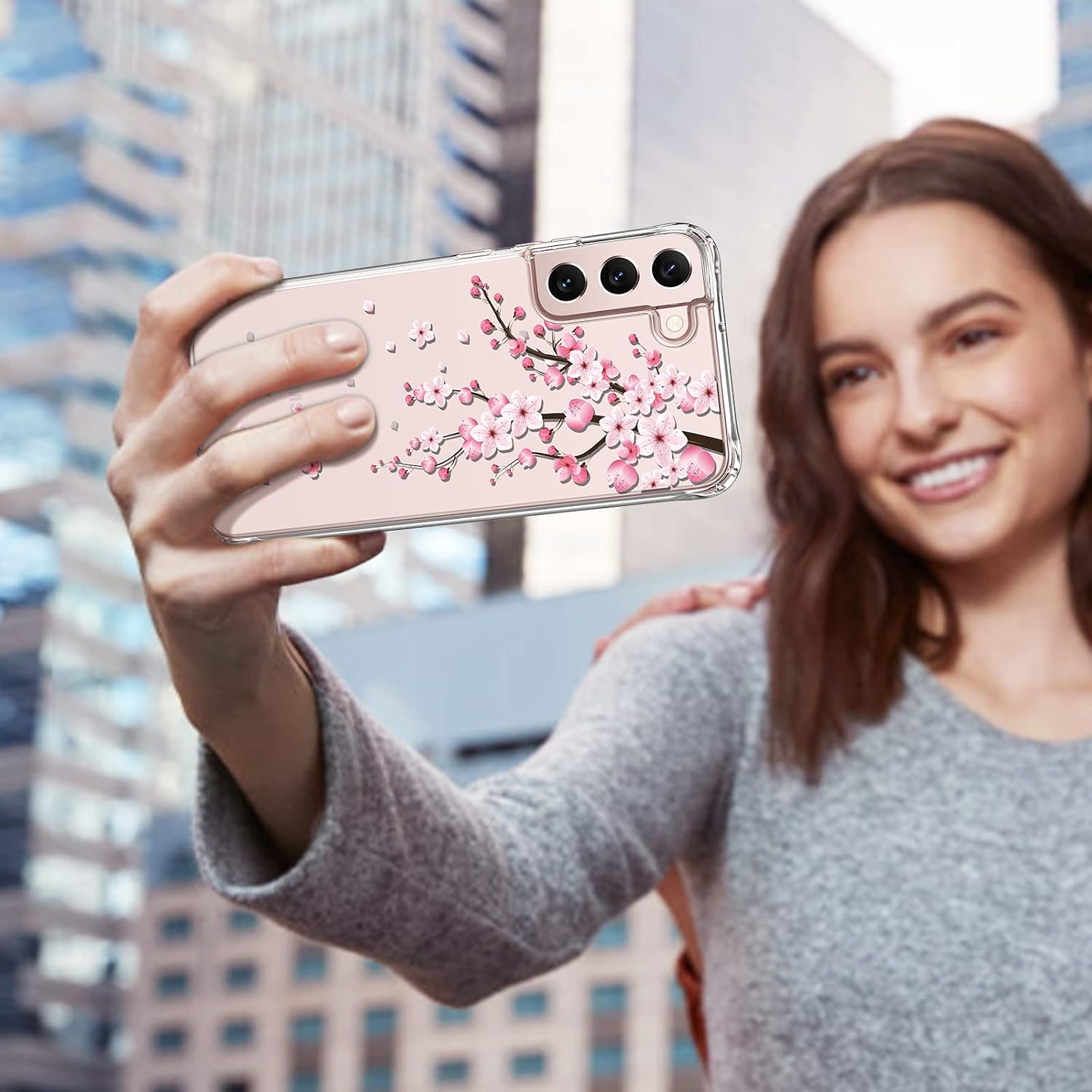 Caka Compatible with Galaxy S22 Case, Samsung S22 Case 5G for Women Floral Flower Girly Girls Slim Clear with Design Phone Case for Samsung Galaxy S22 (2022) (Cherry Blossom)