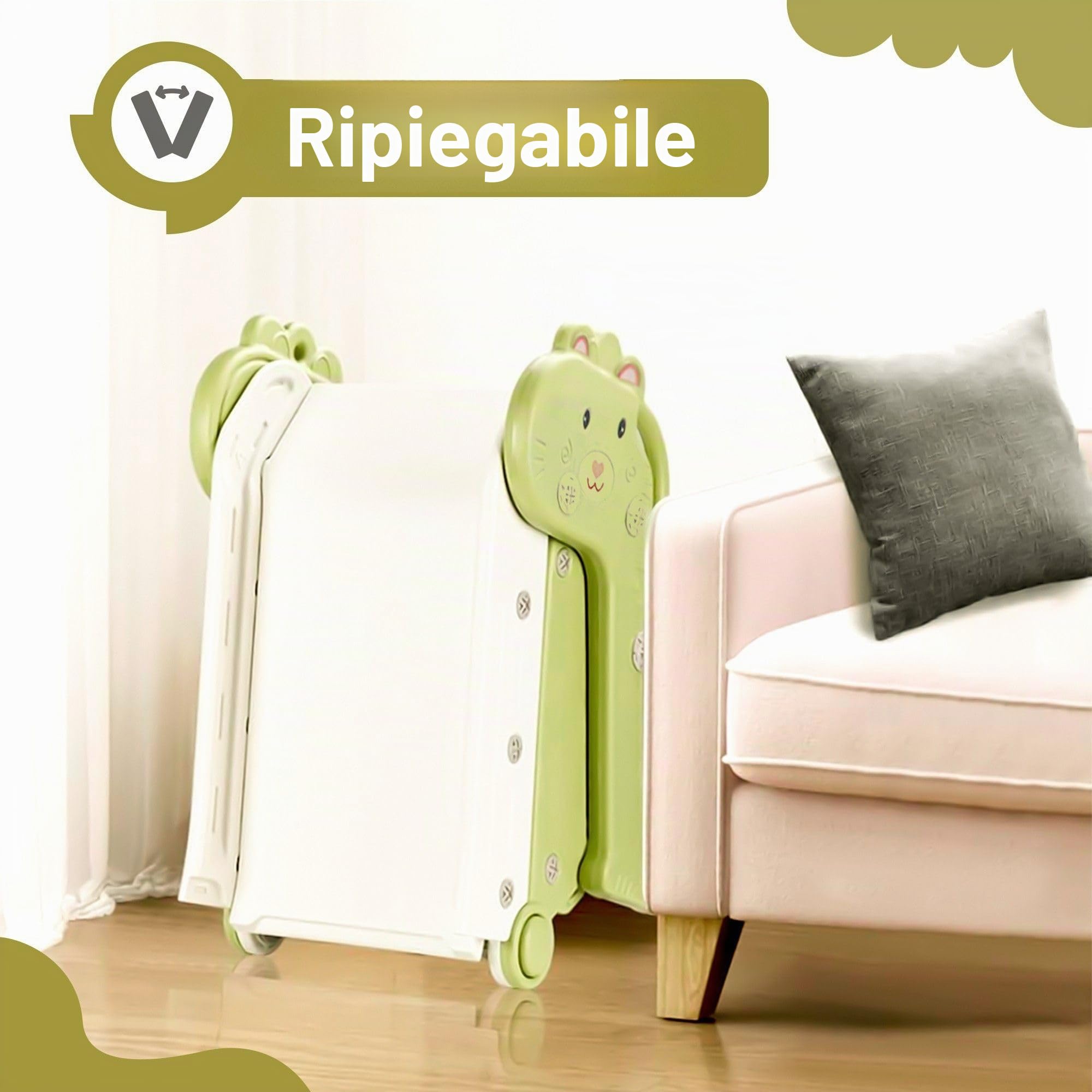 Scivolo per Bambini da Esterno e Interno Pieghevole 1-4 Anni - Certificato CE, Struttura Stabile, Gradini Antiscivolo, Montaggio Rapido, Salvaspazio, 112x49x55 cm, Verde/Bianco
