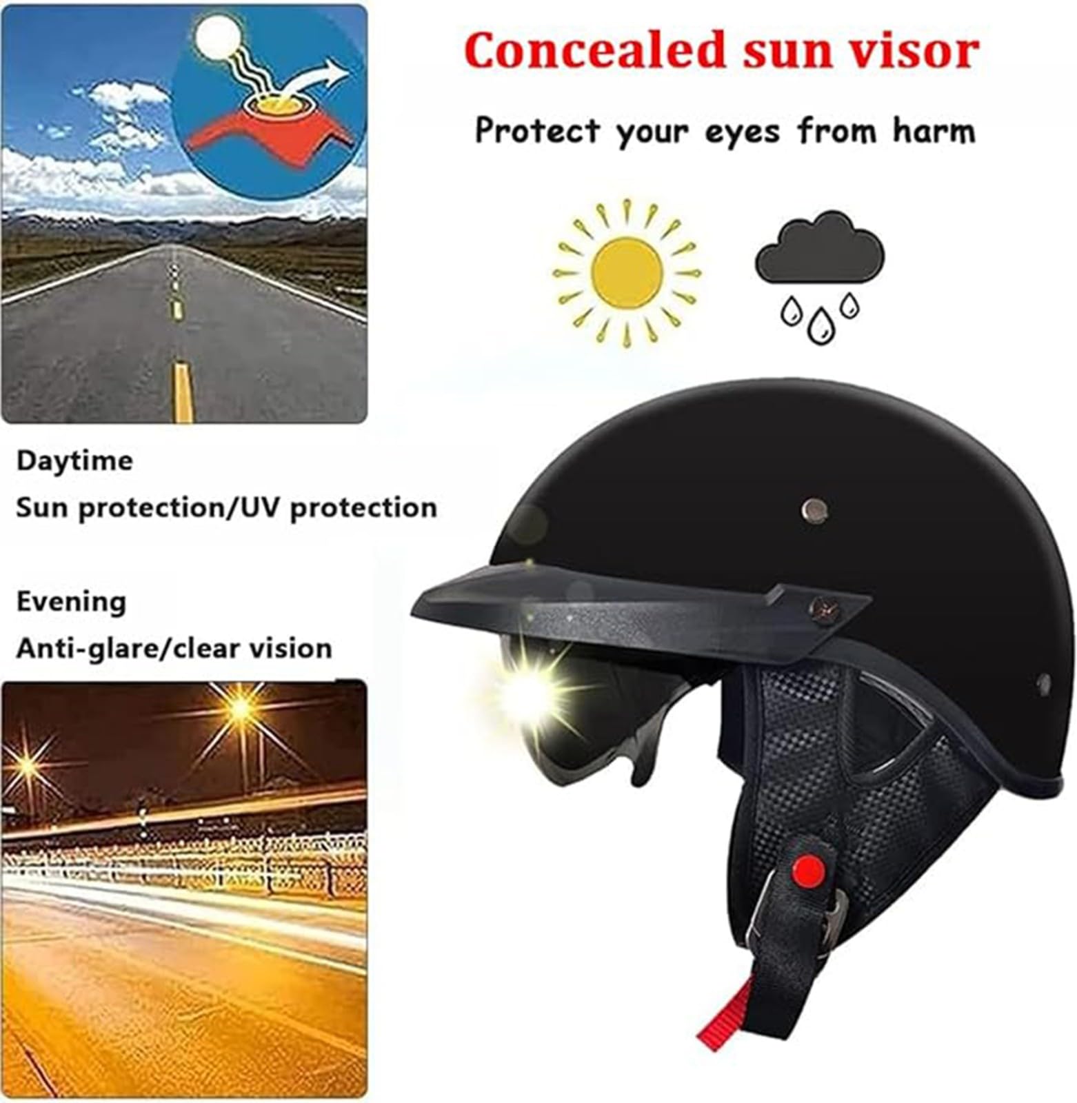 Kask półskorupowy, certyfikat ECE, kask typu jet, retro, kask motocyklowy, otwarty kask, z osłoną przeciwsłoneczną i wyjmowaną, oddychającą wyściółką