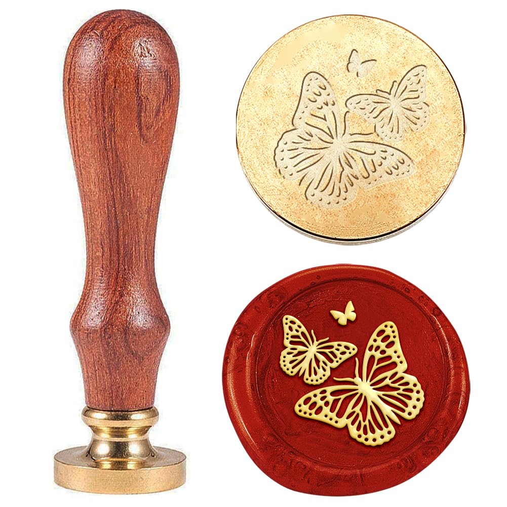 Hobbspring 1pc Vintage Wax Seal Stamp Butterflies Sealing Wax Stamp 25mm Removable Brass Stamp Head with Wooden Handle for Envelopes Invitations Wedding Embellishment Bottle Decoration Back to School