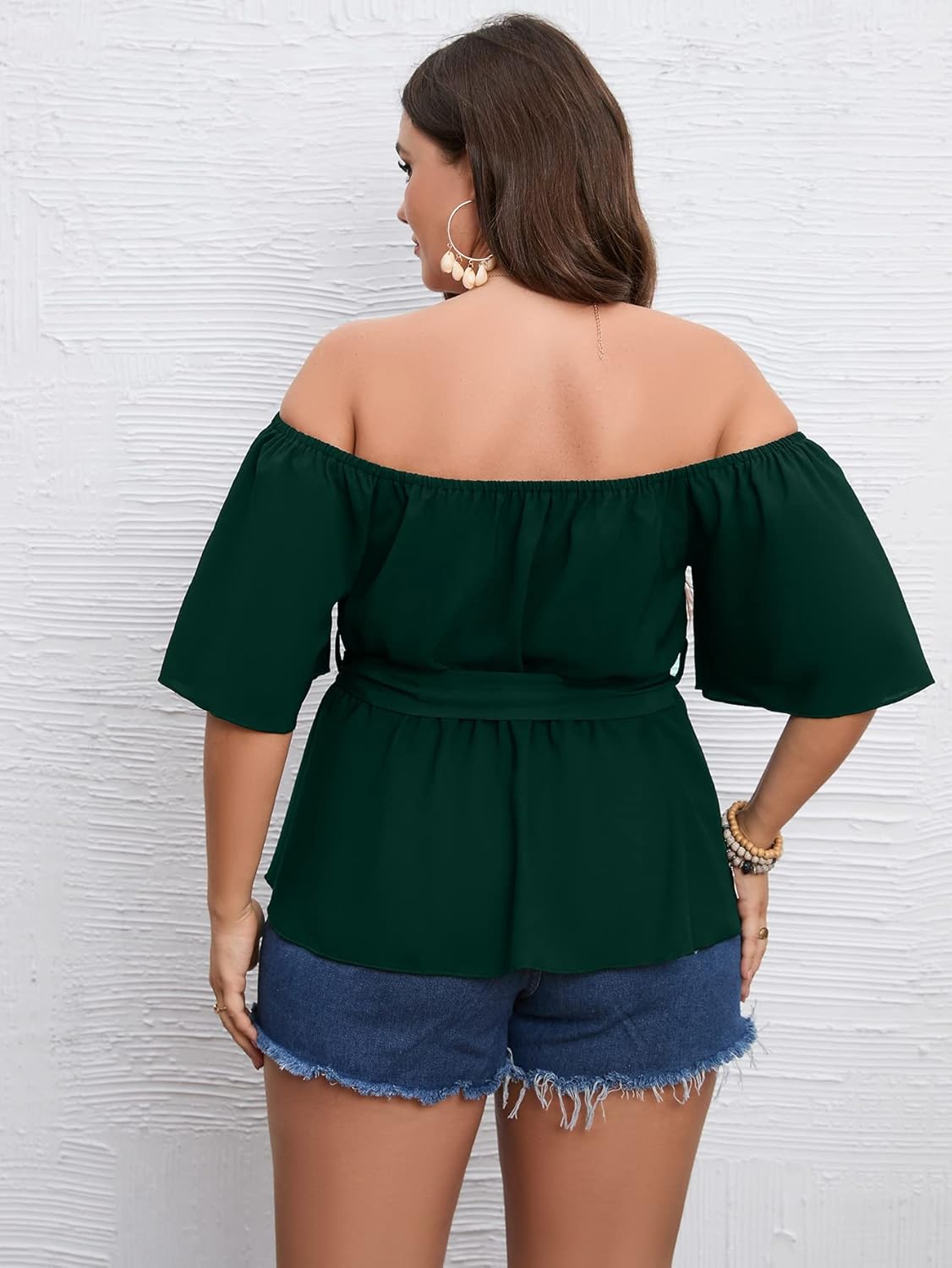 SCOMCHIC Women's Plus Size Off The Shoulder Peplum Blouse Top Half Bell Sleeve Tie Waist Ruffle Hem Babydoll Tops - Image 6