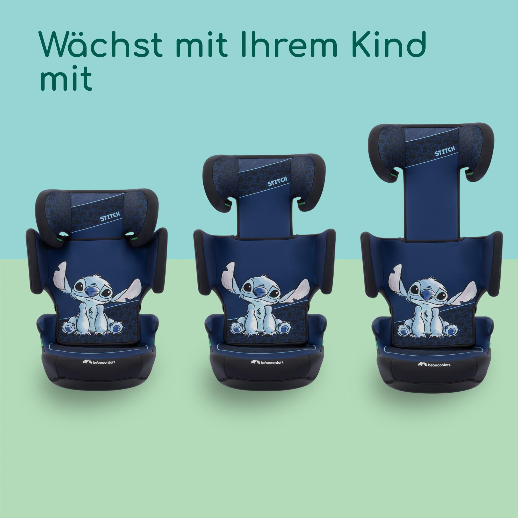 Bebeconfort Disney RoadSafe i-Size, Kindersitzerhöhung mit Rückenlehne, 3,5–12 Jahre (100–150 cm), Klappbarer Kindersitz Stitch Disney, Gurtinstallation, 14 Kopfstützenpositionen, Authentic Stitch