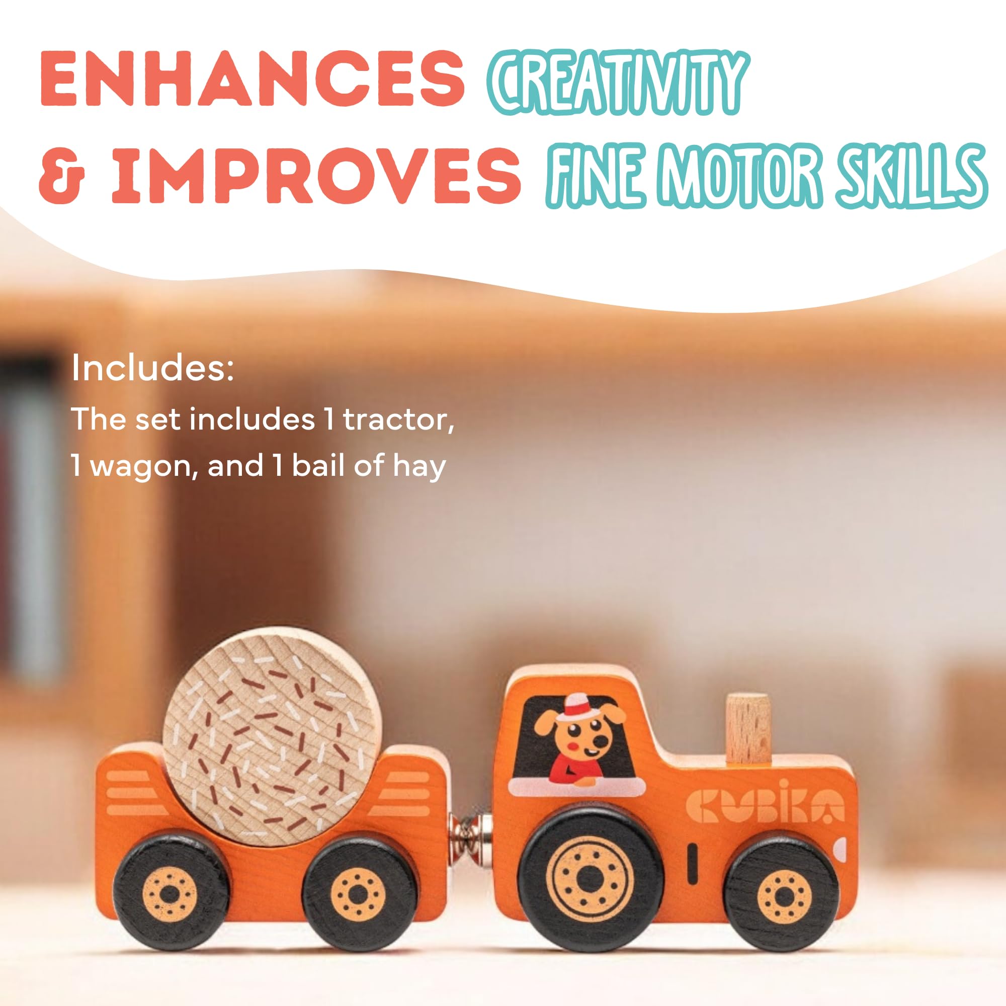 Tractor de juguete de madera – Juguete Montessori para niños a partir de 3 años – Tractor de madera con cierres magnéticos – Madera certificada FSC, pinturas alemanas a base de agua – Juguete 5
