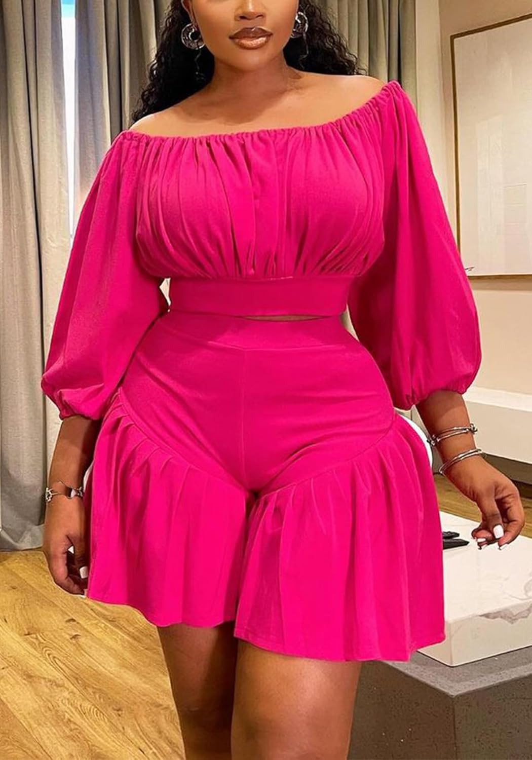 Women's Plus Size 2 Piece Outfits Casual Boat Neck Long Sleeve Crop Tops and High Waisted Ruffle Shorts Sets - Image 3