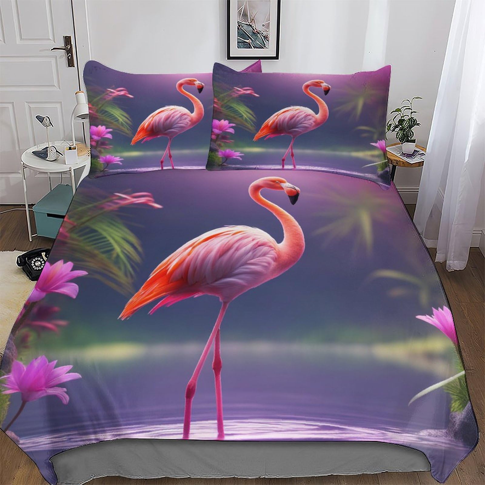Housse de couette flamant rose 220x240 cm avec taies d'oreiller assorties en microfibre douce
