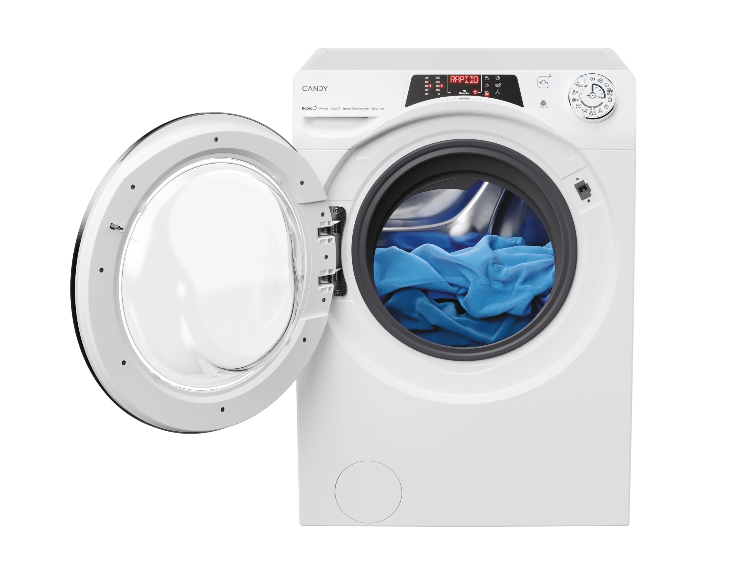 Candy RapidÓ ROW4966DWMCT1-S, Lavadora Secadora, 9KG + 6KG, 1400RPM, Smart Ring, Motor Inverter, 16 Ciclos, 9 Rápidos, Función Vapor, Wifi, Quick&Clean, Inicio Diferido 24H, Detector KG, Blanco