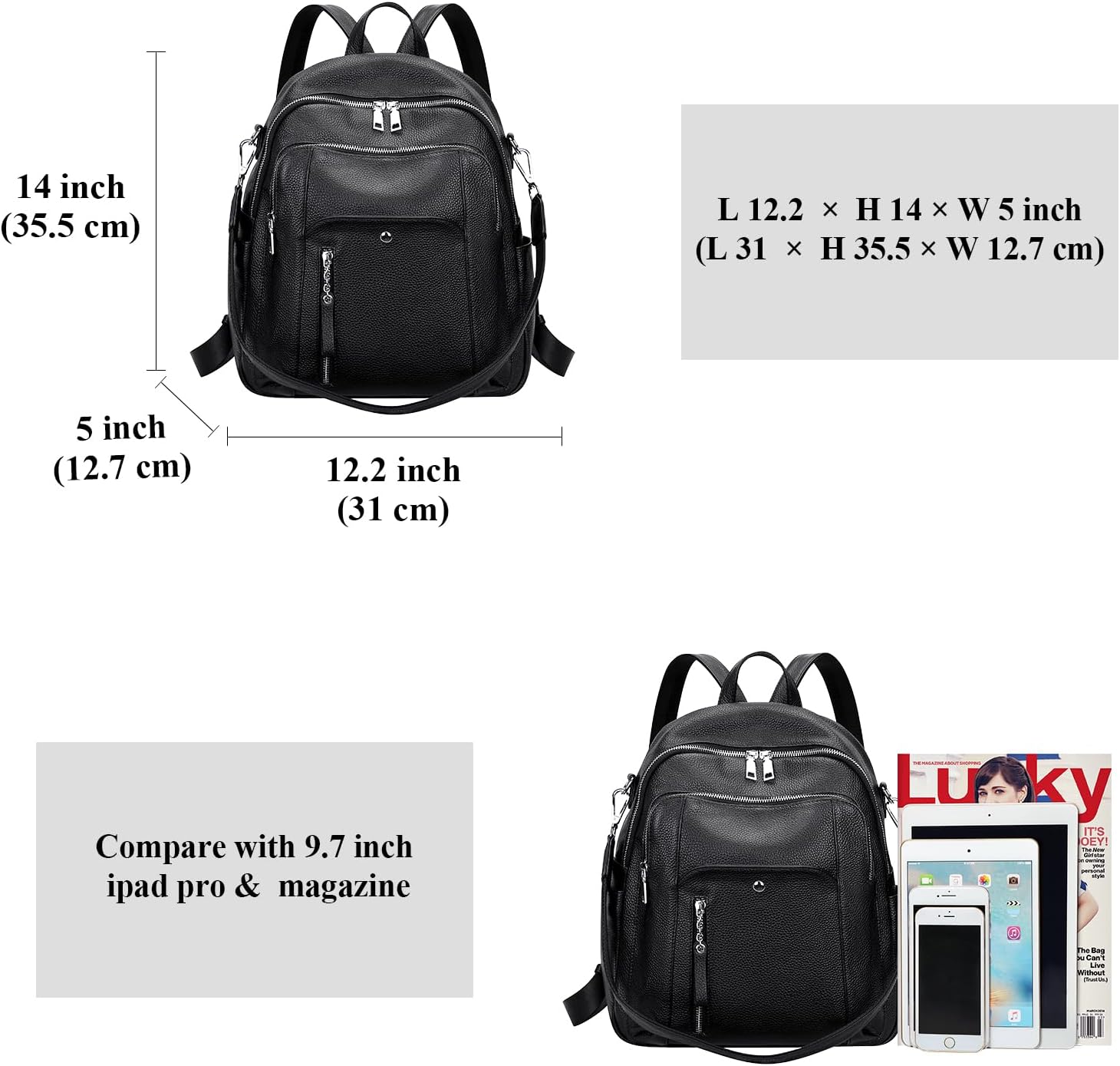 ALTOSY Fashion Genuine Leather Backpack Purse for Women Shoulder Bag Casual Daypack Medium(S9 Black New) - Image 5