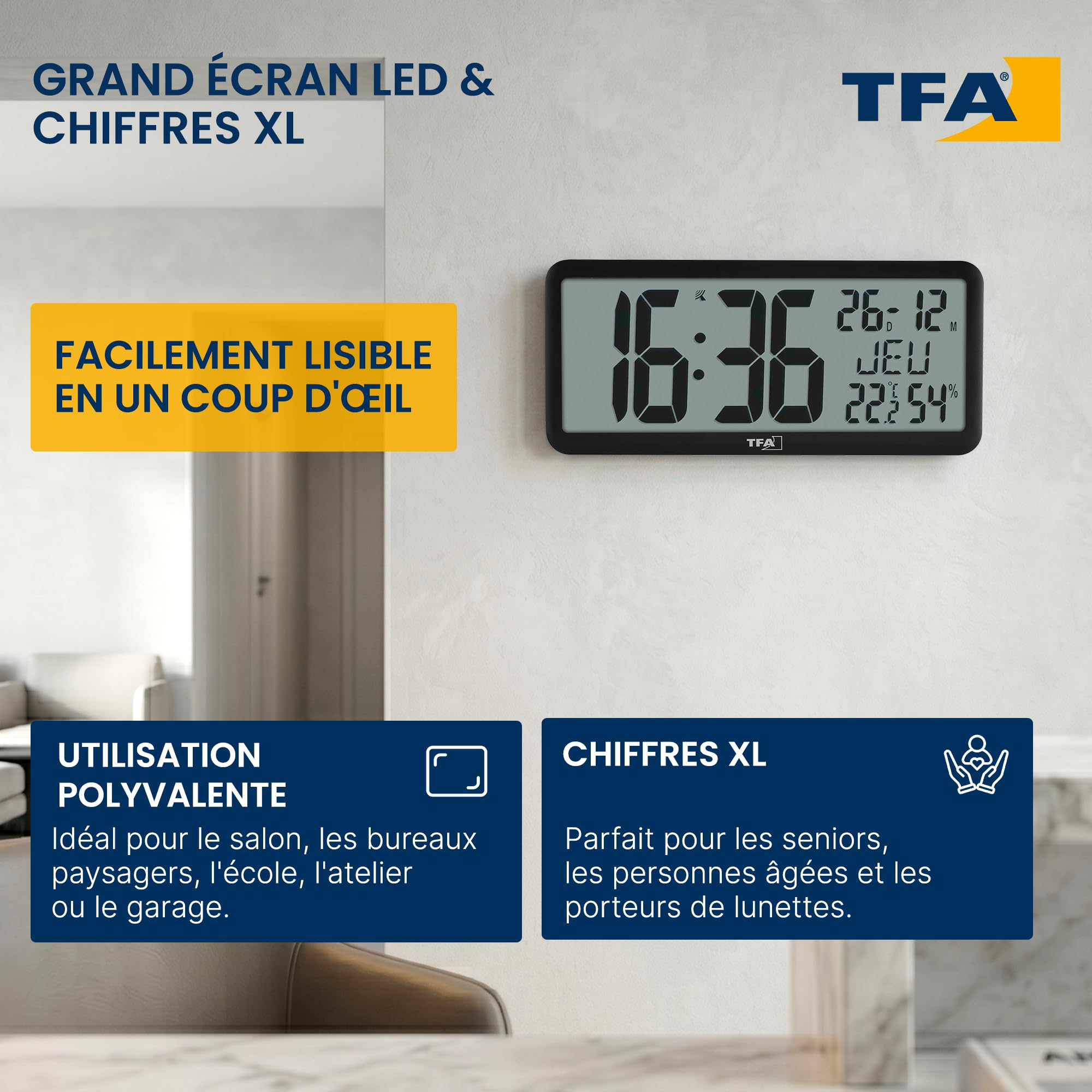 TFA Dostmann Horloge murale numérique geante XXL, 60.4525, avec température et humidité intérieures, avec calendrier, pour le bureau, les seniors, la cuisine, radio-pilotée, avec fonction réveil, noir