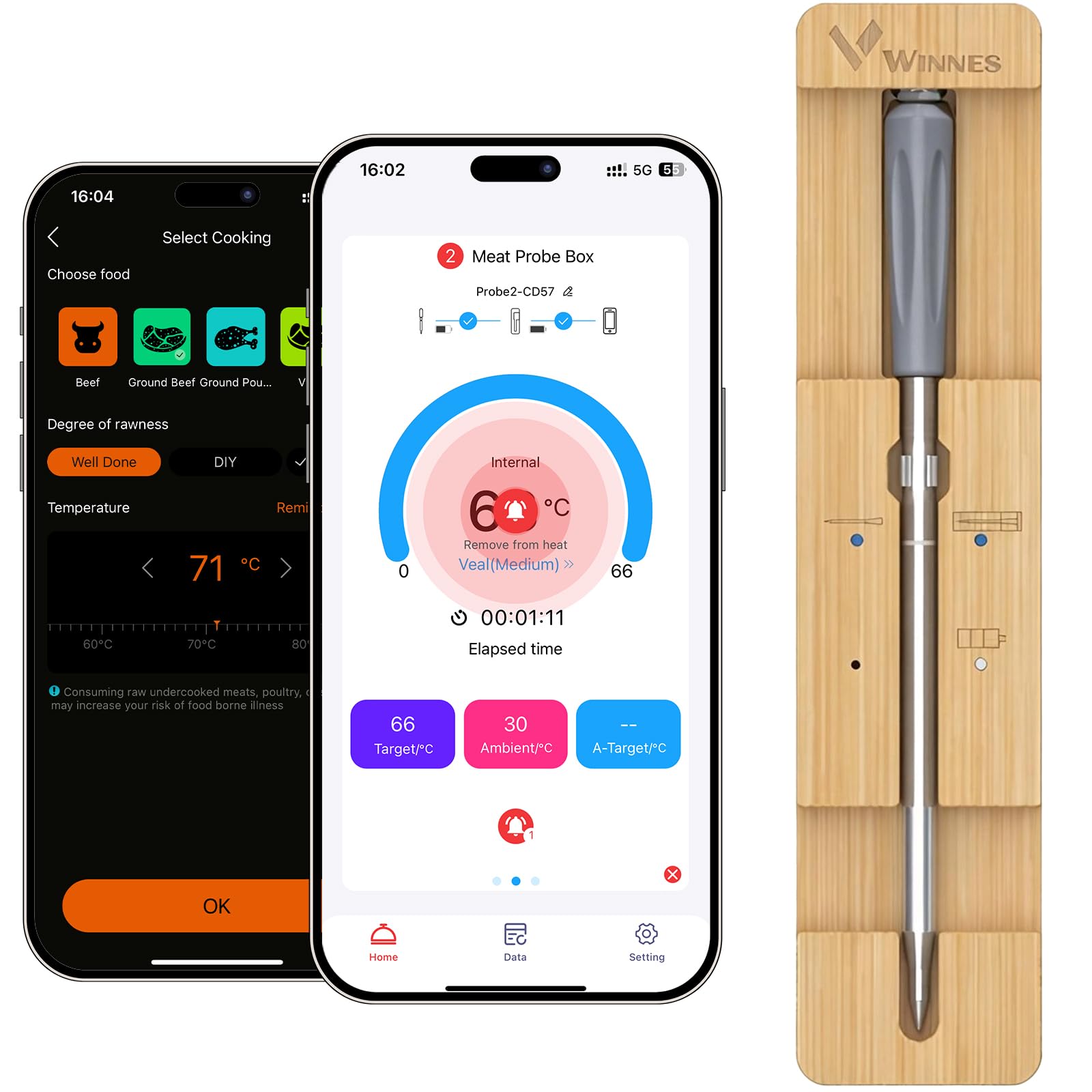 Termómetro para Carne Inalámbrico de 100 m con Sonda de 12,5 cm, Monitor de Temporizador y Alarma, IP67 Impermeable Meat Thermometer, Termómetro de Cocina para Barbacoa, Horno, Grill, Freidora Aire