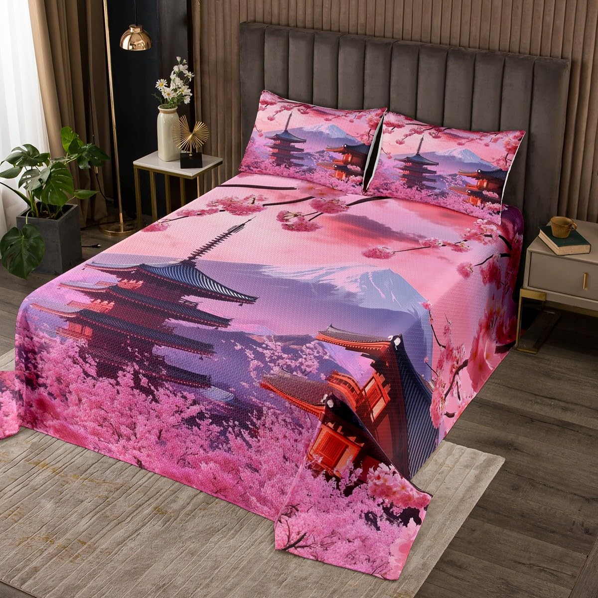 Erosebridal Japanese Style Coverlet Set,Cherry Blossoms Quilt Set Twin Size for Kids Boys Girls,Oil Art Mount Fuji Bed Cover,Dreamy Scenery Bedspread Set