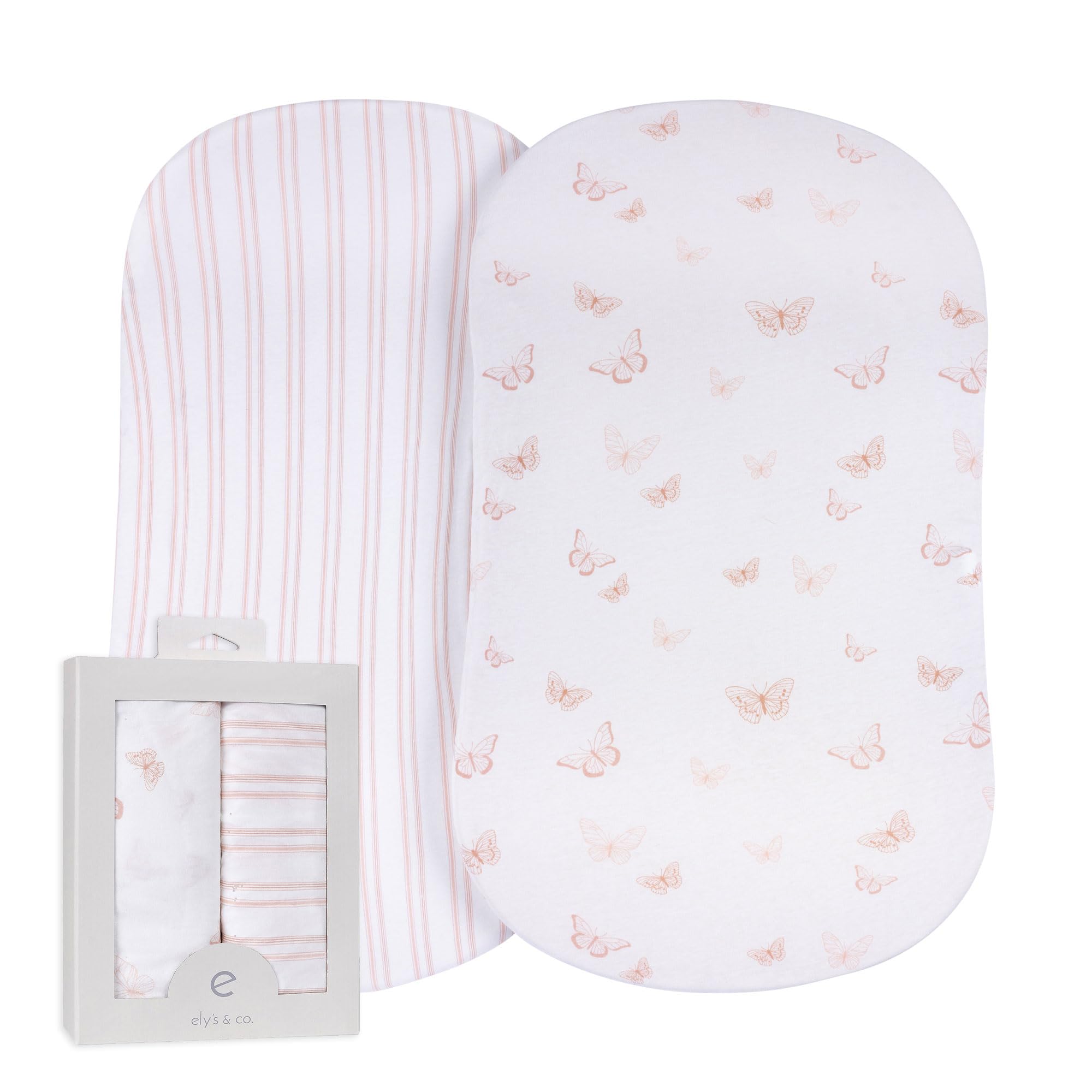 Ely’s &amp; Co. Bassinet Sheets, Baby Girl Fitted Bassinet Mattress Sheet Set - 2 Pack, 100% Jersey Knit Cotton, fits Oval, Hourglass and Rectangle Mattress, Pink Butterly + Stripe, 32”x16”x3”