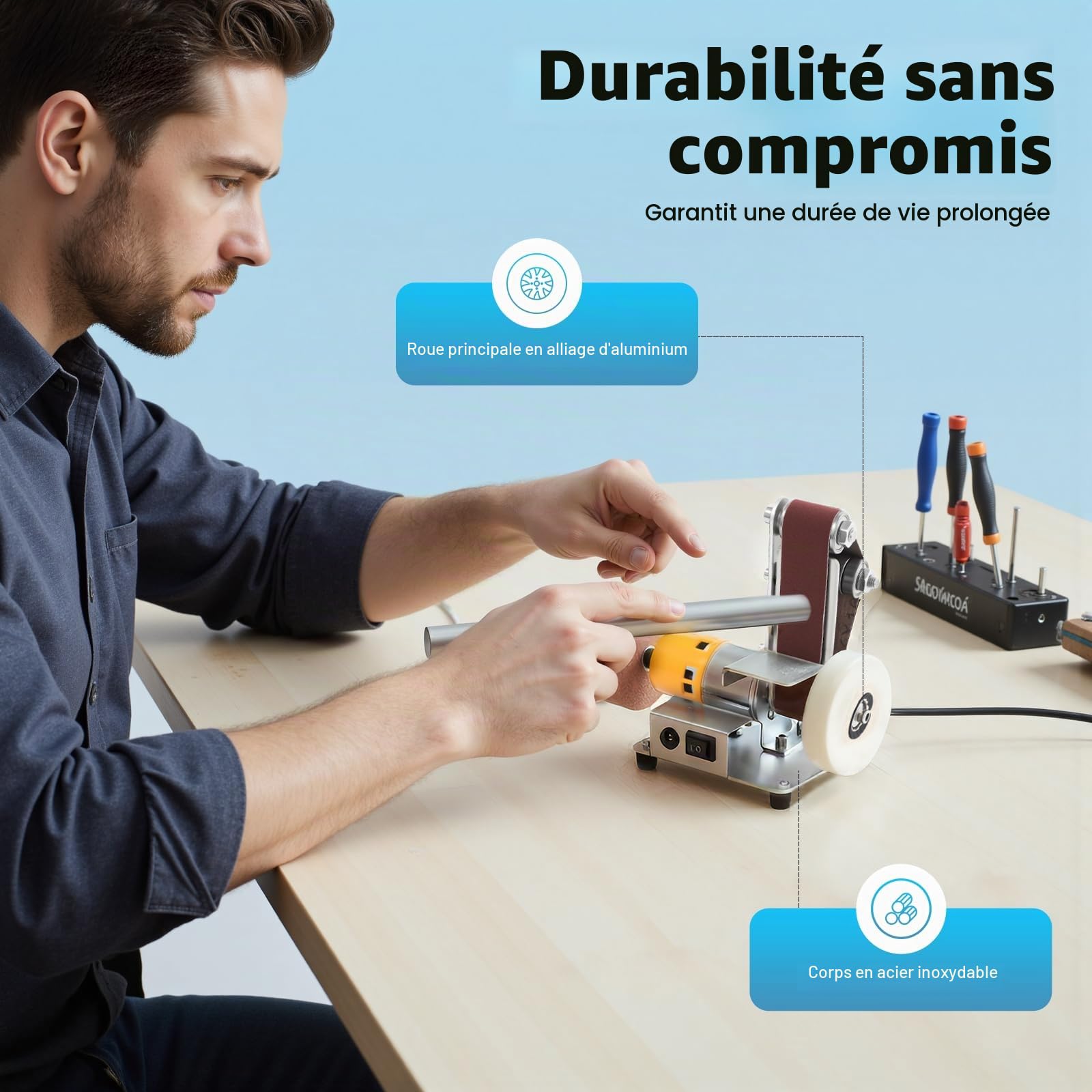 Ponceuse à bande, petite ponceuse électrique de table, polisseuse DIY, moteur en cuivre à double roulement à haute vitesse (4000-9000 tr/min) en acier inoxydable