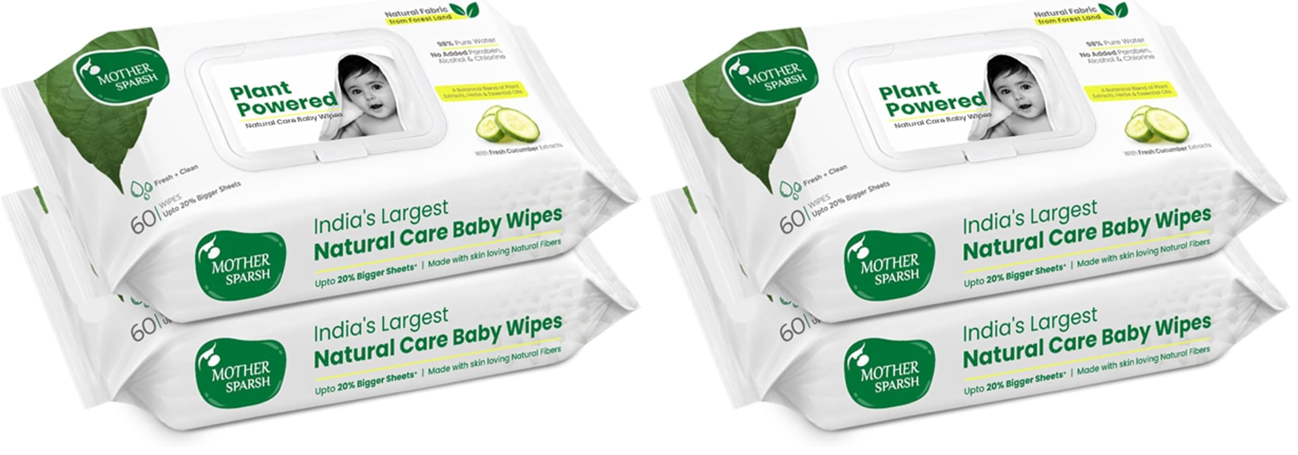 Mother Sparsh Natural Care Baby Wipes I 100% Plant Made Fabric From Forest Land | Fresh+Cleanse (with Cucumber) Plant Powered Wet Wipes For Baby I Cotton Cloth Like Bigger Sheets | 60 Pcs (Pack of 4)-image-20