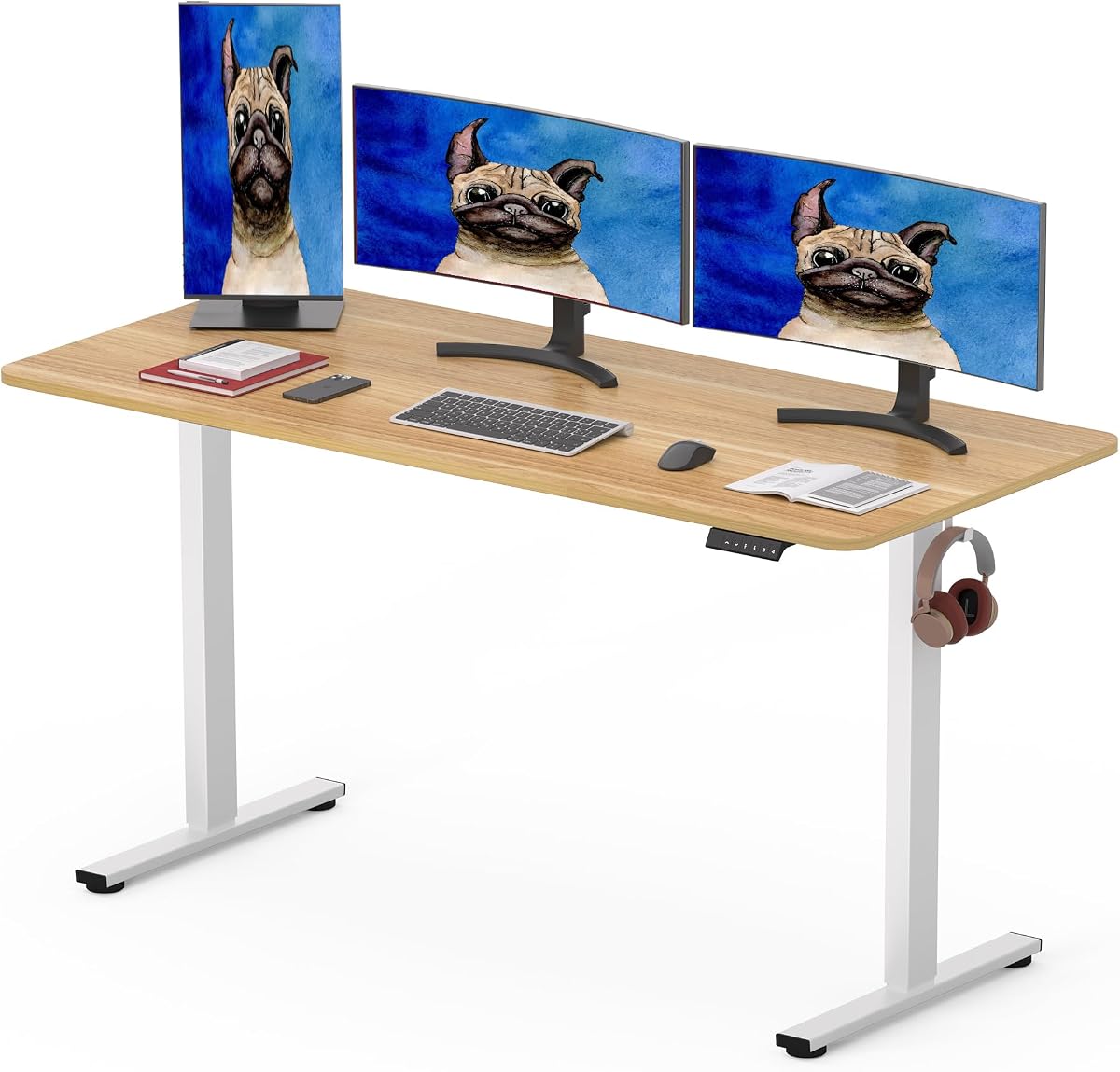 SANODESK 160 x 80cm Electric Standing Desk ONE PIECE Height Adjustable Desk Sit Stand Home Office Desk with 4 Height Memory Pre-Sets Smart Pannel and Hooks for Work, (White Frame+Maple Desktop)
