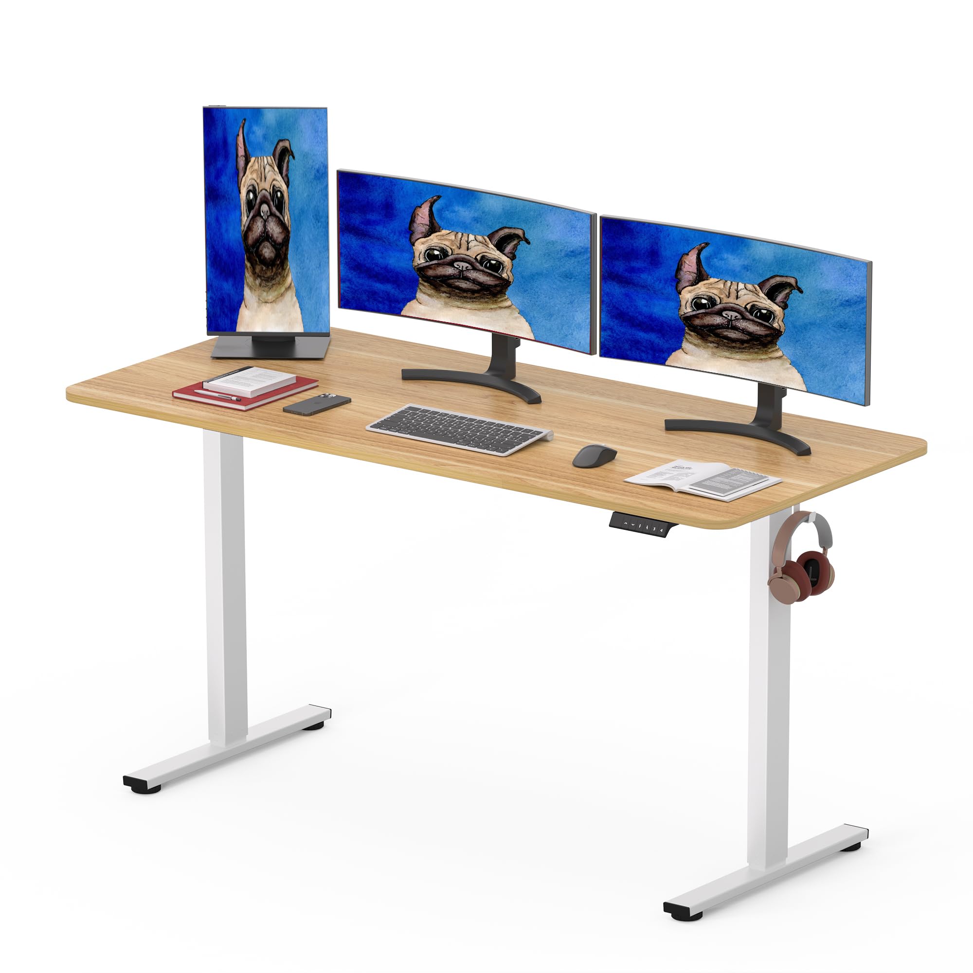 SANODESK 160 x 80cm Electric Standing Desk ONE PIECE Height Adjustable Desk Sit Stand Home Office Desk with 4 Height Memory Pre-Sets Smart Pannel and Hooks for Work, (White Frame+Maple Desktop)