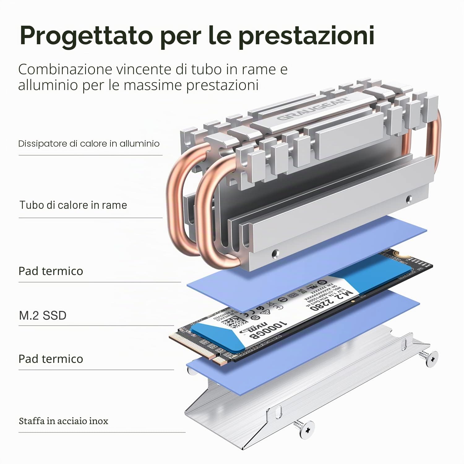 GRAUGEAR M.2 2280 NVMe SATA Dissipatore di calore SSD, Tubo di calore Direct Touch, doppio tubo di calore in rame, design a piastra-pinna in lega di alluminio, altezza 3,4 cm