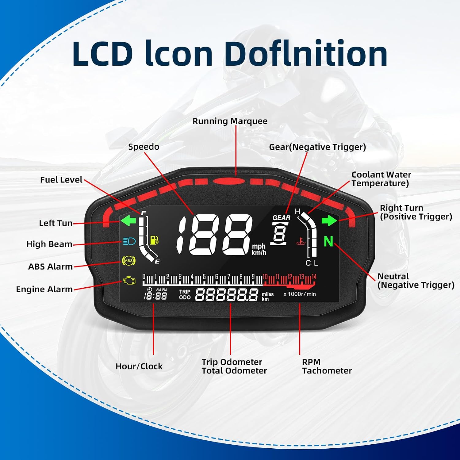 MH Motorcycle Speedometer Tachometer Digital MPH/KM Speed Gauge Fuel Indicator 6 Gear 14000r/min Multi-Function Odometer