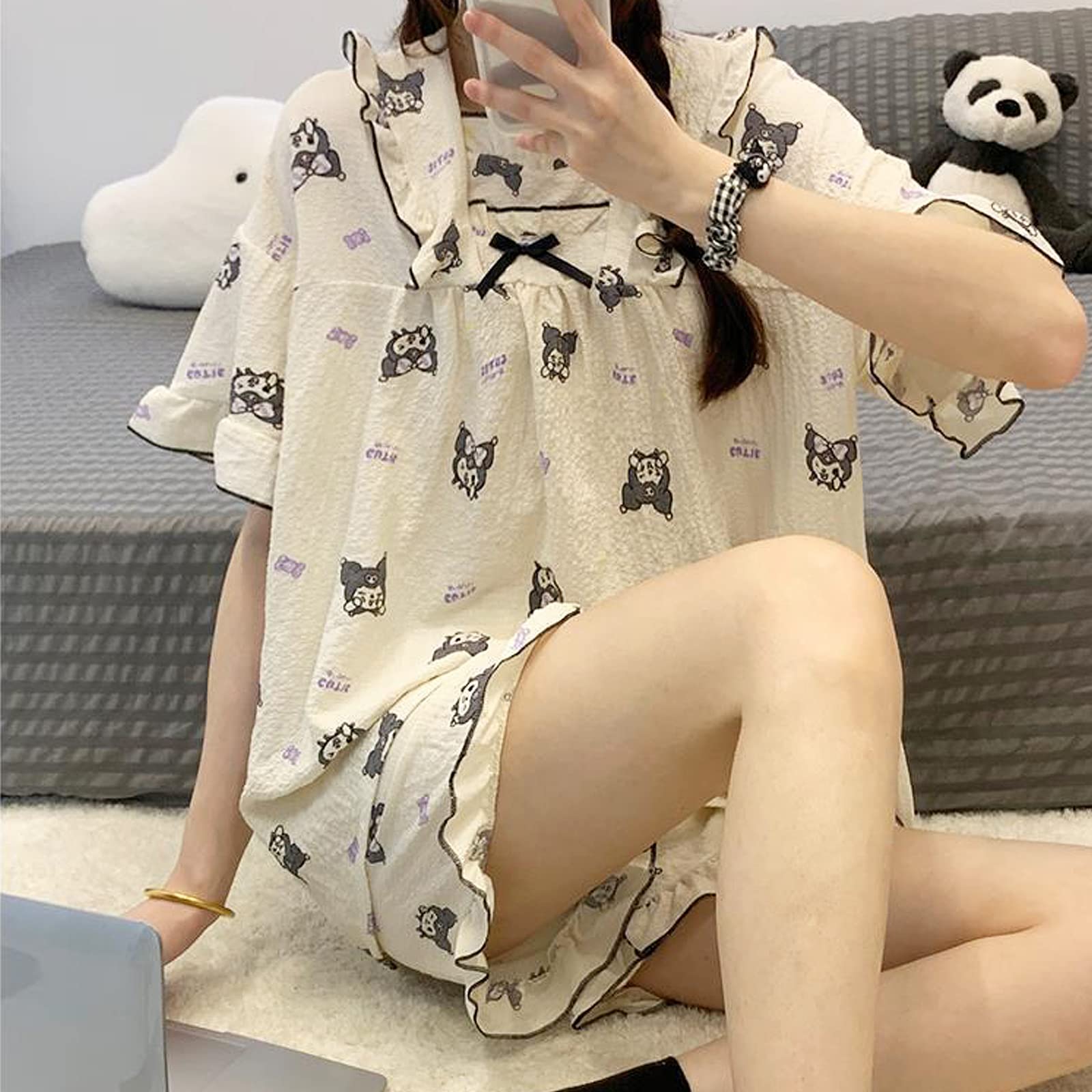 Oxsioeih Kawaii Pajamas For Women Two-Piece Set Cute Cartoon Girls Pajamas Pants Cardigan Sleepwear Home Clothes: Medium Krm Beige