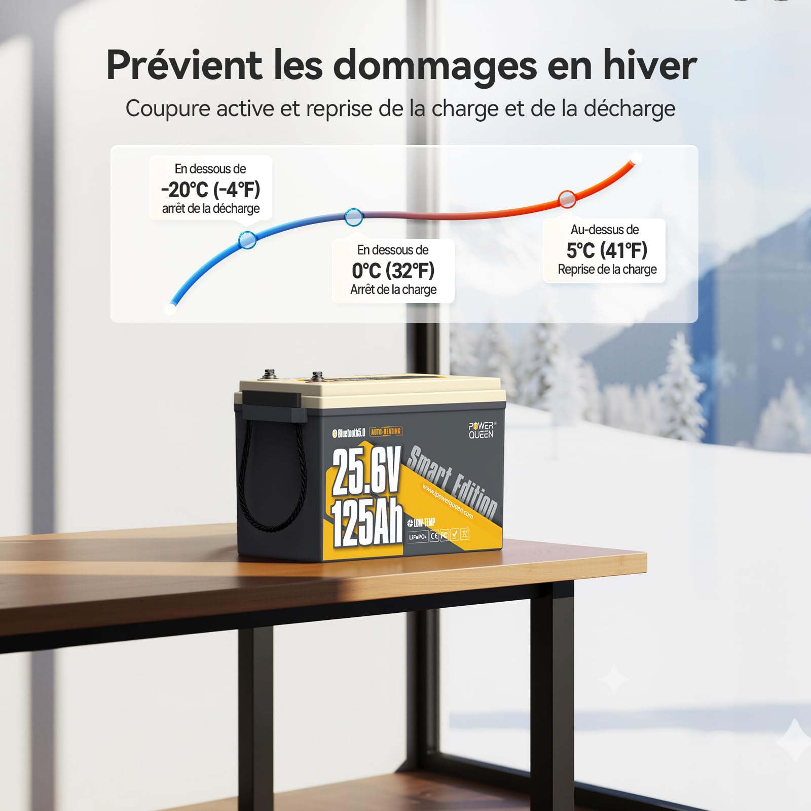Power Queen 25.6V 125Ah Batterie Lithium Bluetooth Auto-Chauffage, BMS 125A 3200Wh Énergie Batterie LiFePO4, IP67 Étanche 15000+ Cycles Profonds, pour Camping-Car, Caravane, Moteur Électrique Bateau