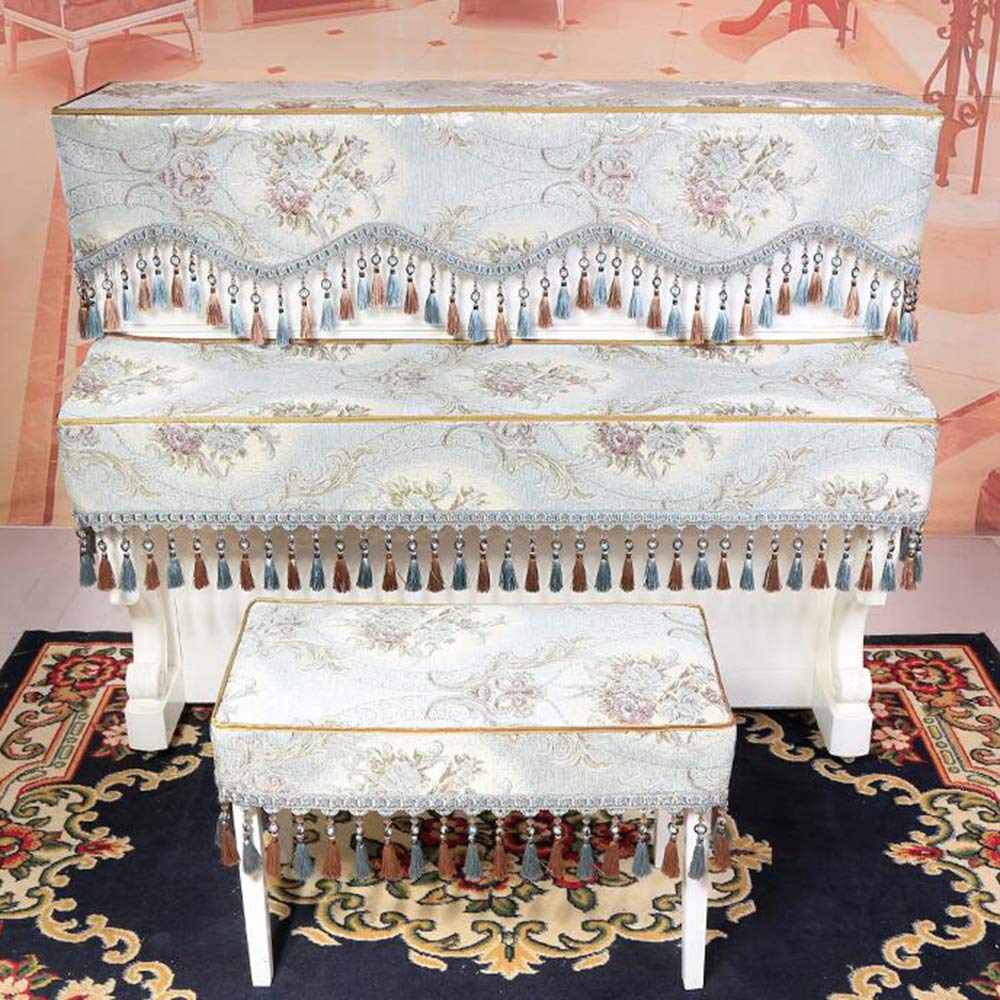 Set Di Coperture Per Pianoforte In Tessuto,lusso Europeo Chenille Jacquard Copertura Polvere Pianoforte Insieme Di 3 Con Nappe E Perline Di Cristallo Per Tastiera Sgabello In Alto Blu Rivestimento