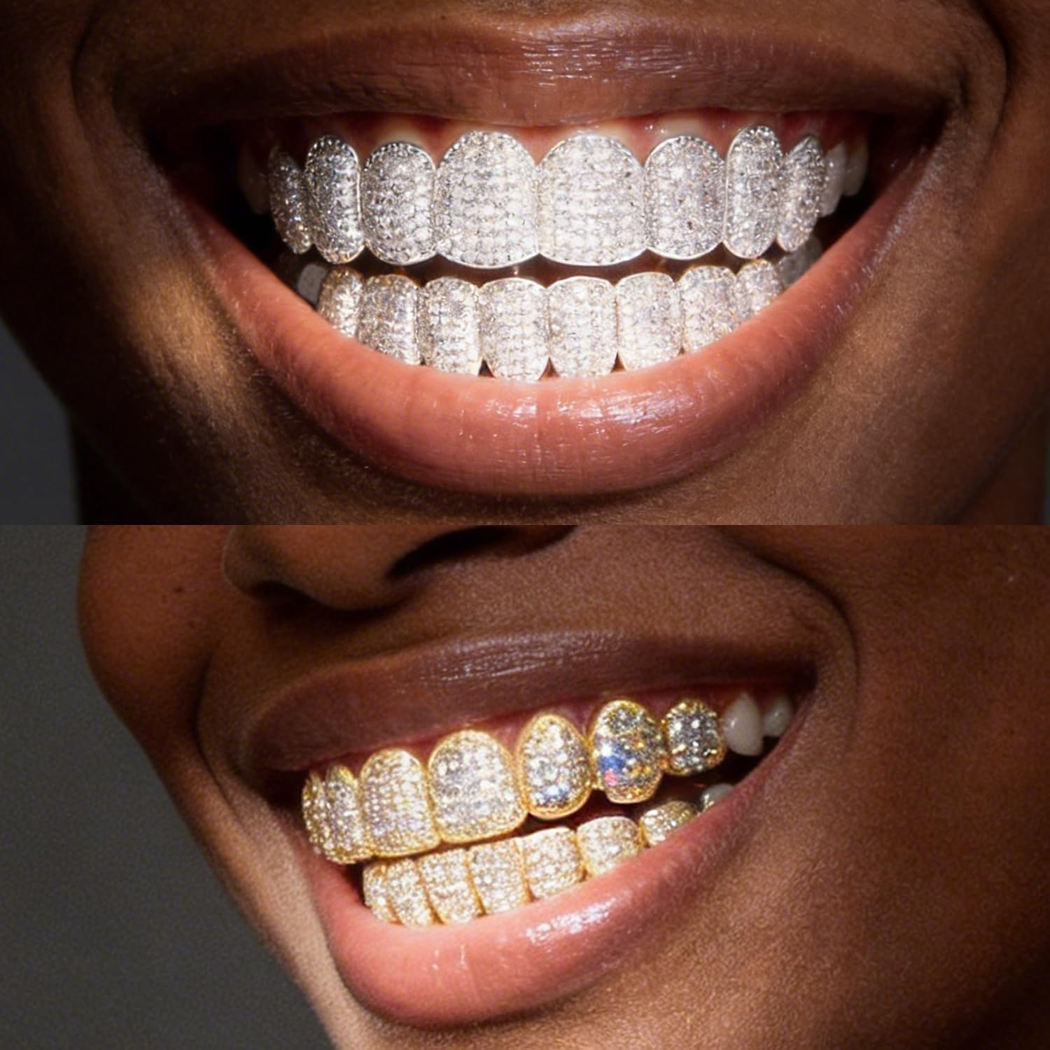 Hip Hop Gold/Silver Teeth Grills for Your Teeth, 18K Gold/Silver Plated Brass Grillz for Men Women, Iced Out Zirconia Diamond Gold/Silver Grillz for Teeth, Adult Party Bling Tooth Grill Set with Case & Gel