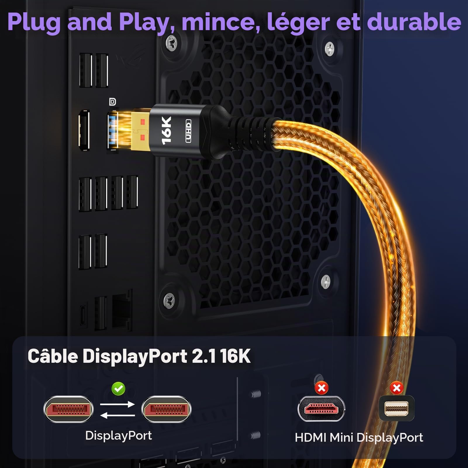 Câble Displayport 2.1 16K certifié VESA DP vers DP 6 m, 16K @ 60 Hz, 8K @ 120 Hz, 4K @ 240 Hz 165 Hz 144 Hz Prend en charge HDR 80 Gbit/s, HDCP DSC 1.2a, compatible FreeSync G-Sync Gaming Monitor 4090