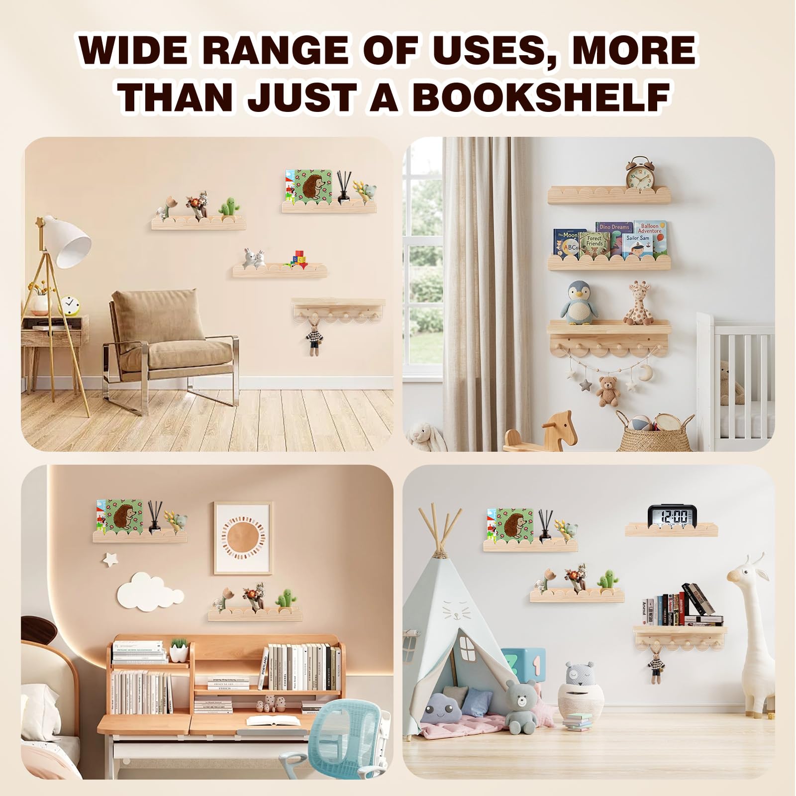Juego de 4 estantes de pared de madera maciza para niños - Estantería con 6 ganchos para libros y juguetes - Estantería Montessori de 40 cm - Estantería flotante con curvas para niños y niñas