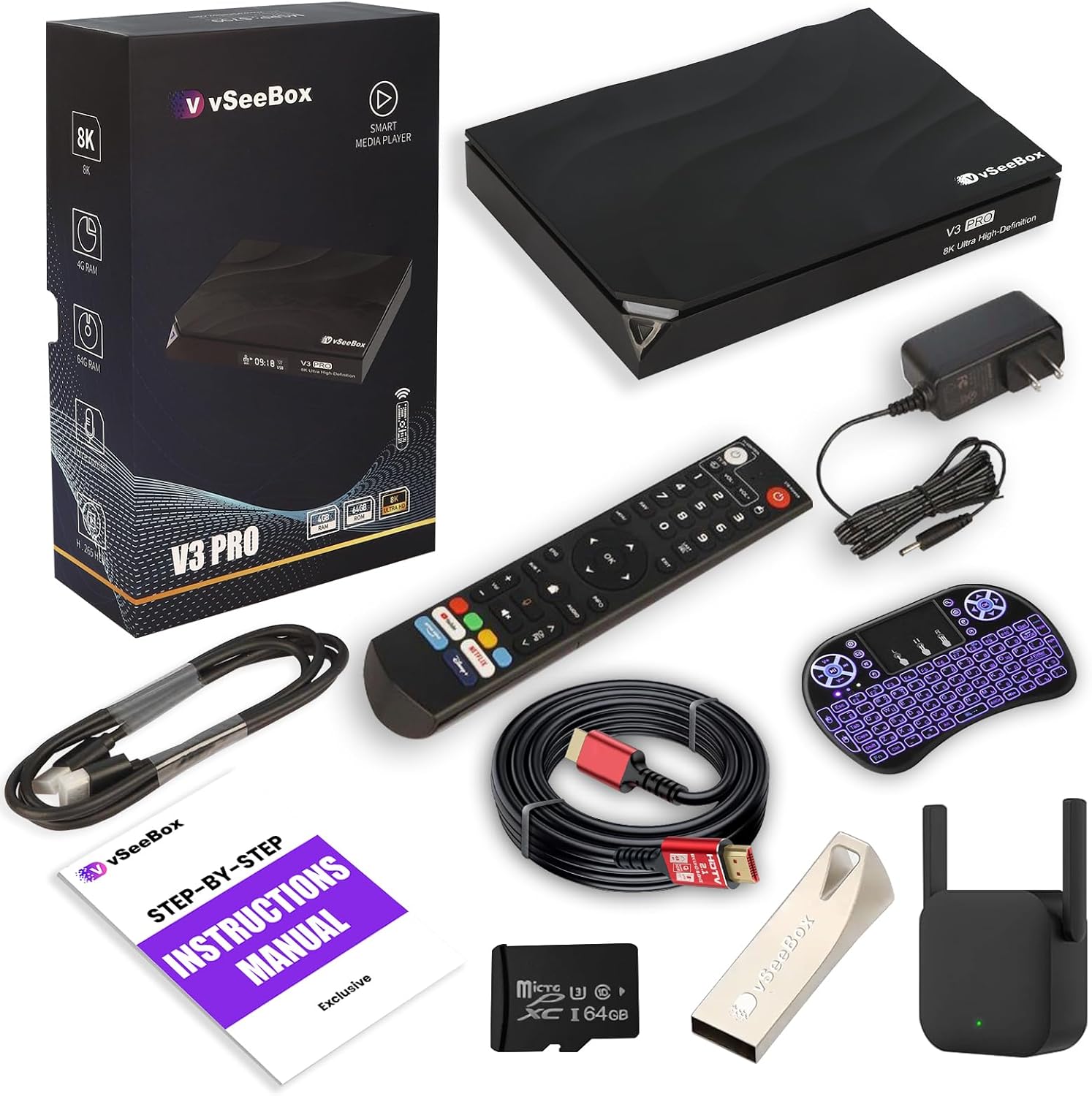 2024 Latest V3 Pro Bundle with Voice Control,8K HDMI Cable, 64GB TF Card, 64GB USB, WiFi Signal Extender, Backlit Mini Keyboard (Detailed Setup Guide,CA Support) 4GB RAM, 64GB Storage, black