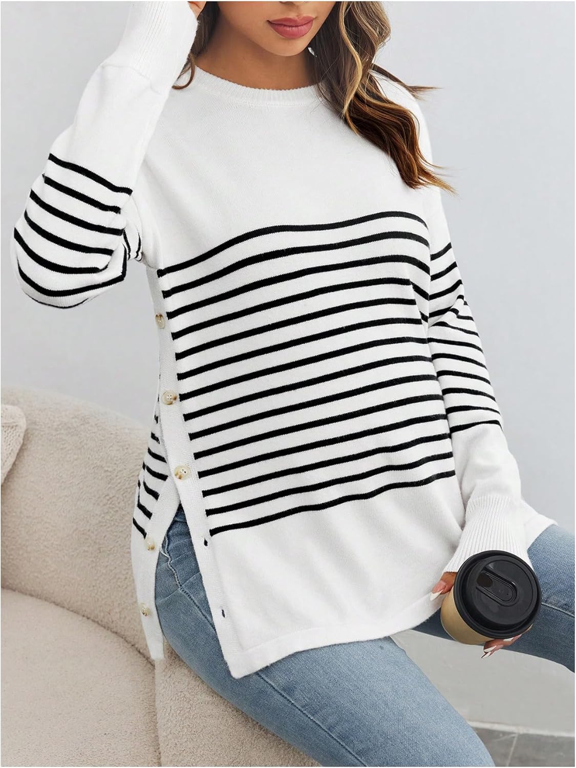 Women's Striped Button Detail Crew Neck Maternity Nursing Sweater Long Sleeve Pullover Tops - Image 2