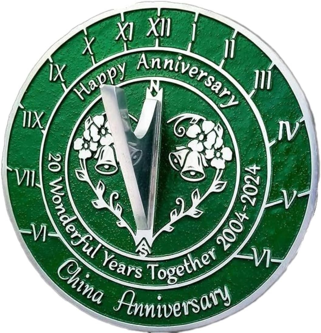 20th China Wedding Anniversary 2004-2024 Metal Home Decor Sundial with Pedestal Stand | Garden Present Idea for Couple Him Her Parents Handmade Anniversary 20 Year Celebration Sundial 6.4" Green
