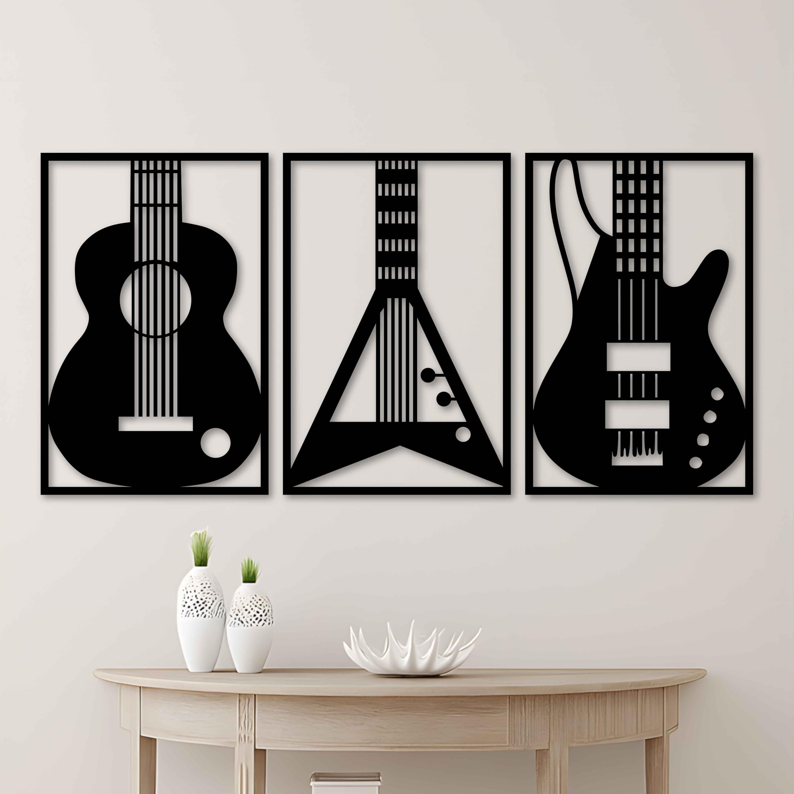 KAWA METALWORKS Decorazione da parete in metallo per la casa, 3 pezzi, decorazione da parete in metallo, moderna decorazione da parete in metallo per gli amanti della musica, regalo per chitarristi