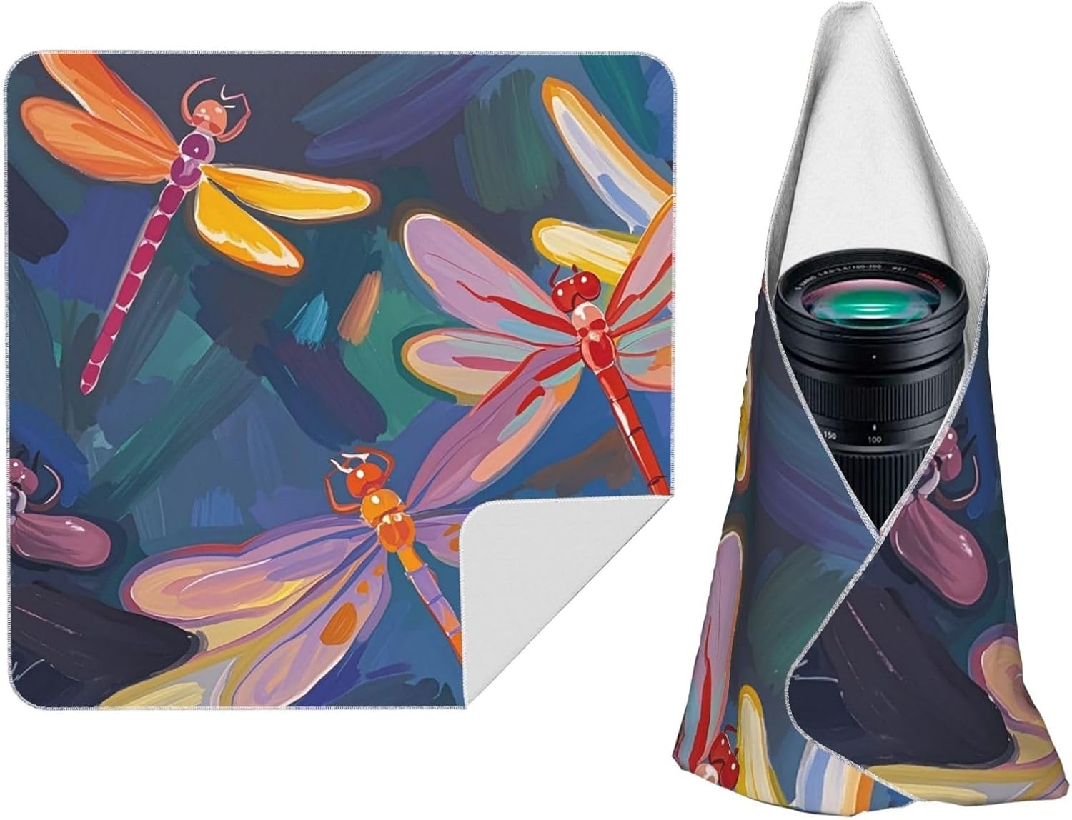 Hand Painted Dragonfly Camera Protective Wrap Anti-Scratch Dustproof Lens Protector Wrapper Magic Self-Adhesive Cloth Portable Lazy Makeup Bag For Dlsr Slr Lens Tablet 18"" X18