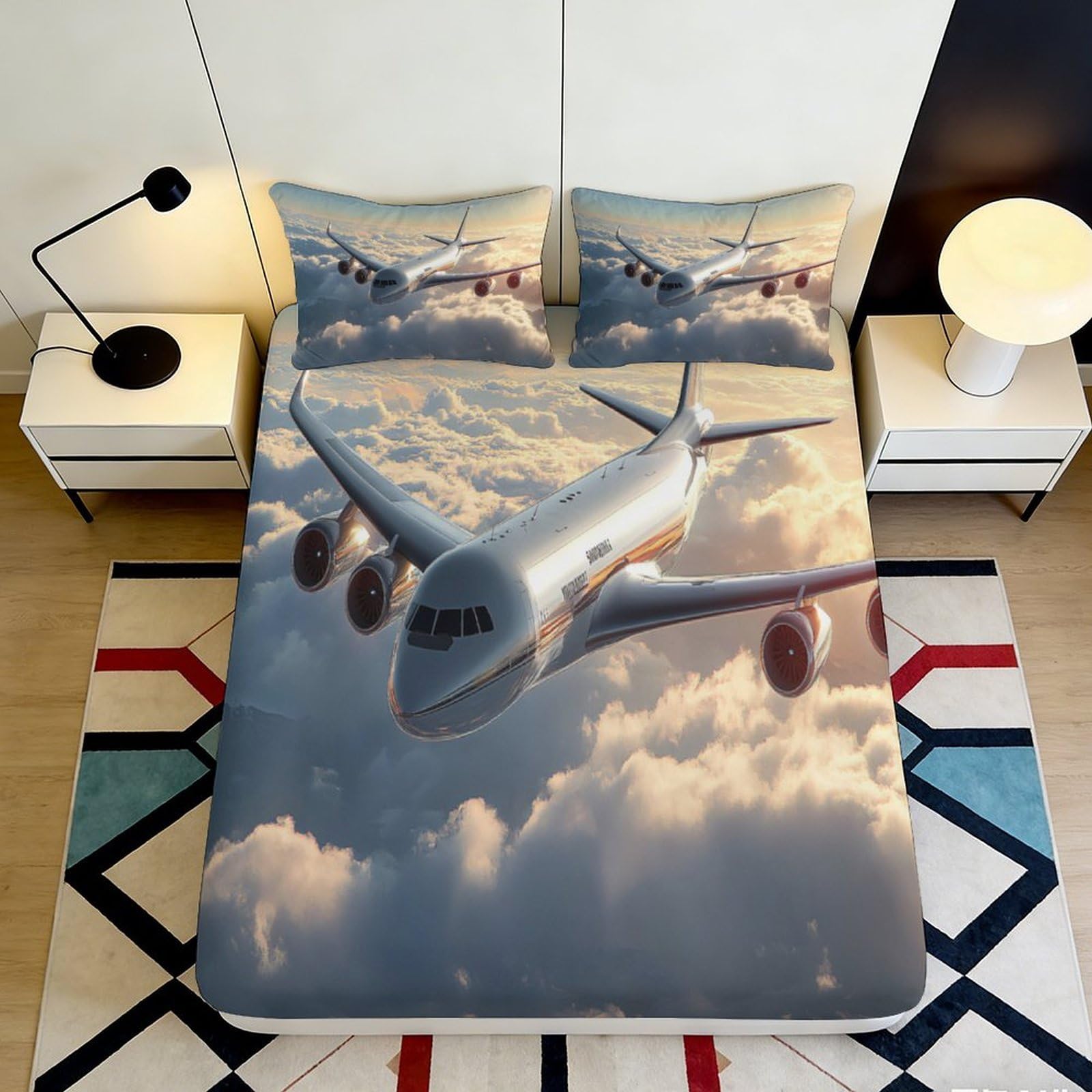 3D Printed Airplane Cloud Fitted Sheet Microfiber Soft Breathable Sky Flight Bed Cover for Bedroom Decor 90x200x25cm