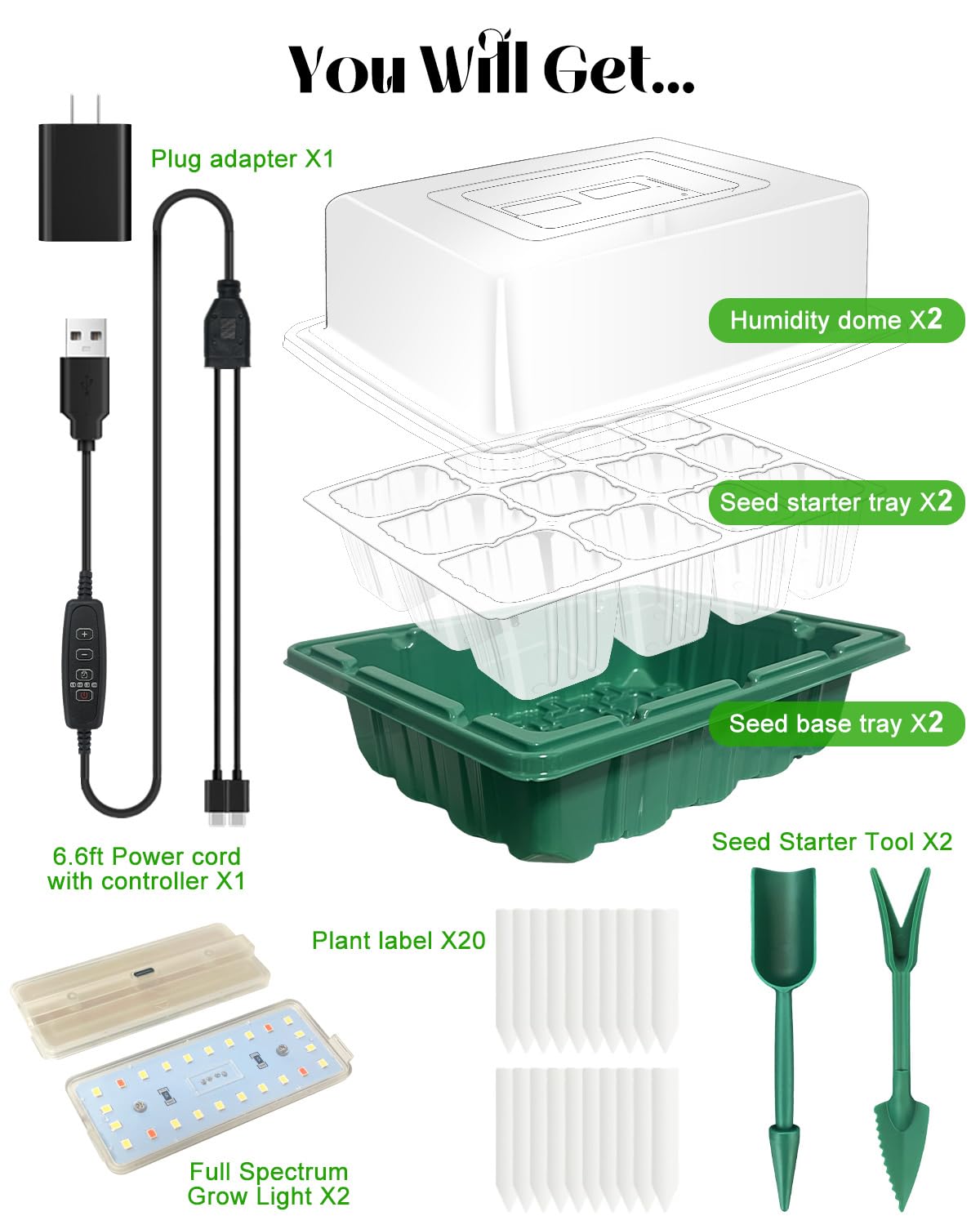 Bandeja de inicio de semillas con luz de crecimiento (2 x 24 LED), kit de inicio de semillas con cúpulas de humedad y controlador de temporización, brillo ajustable, bandeja de inicio de plántulas