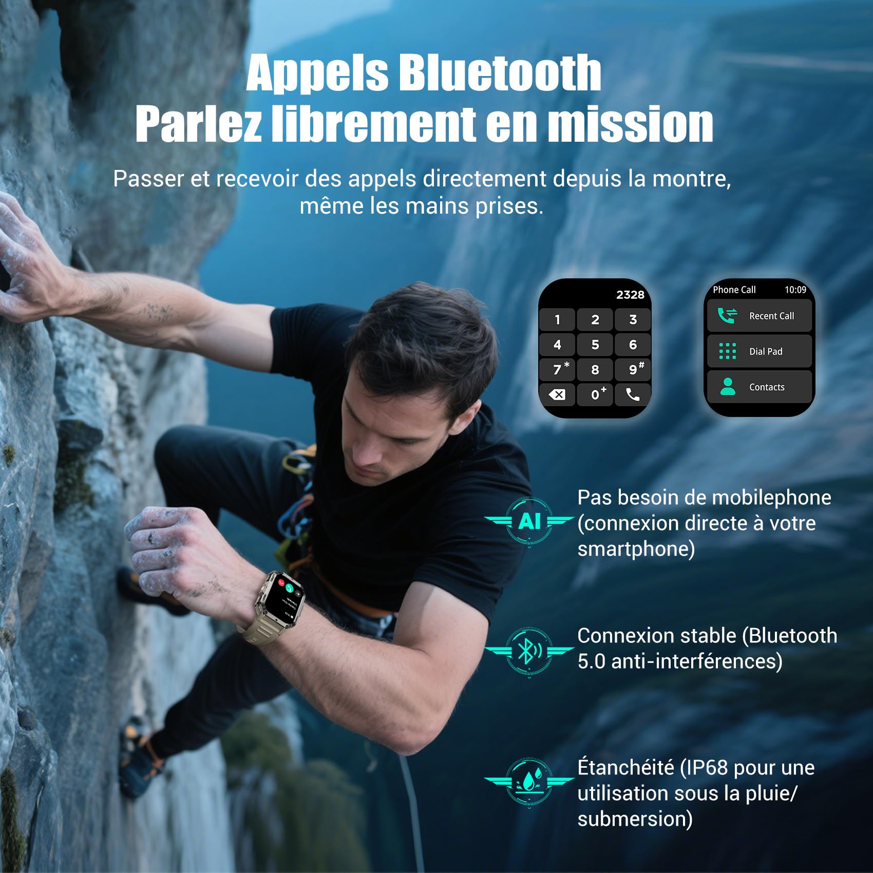 IOWODO Montre Connectée Homme Femme W70pro, Illumination,Batterie 900 mAh, Écran Tacile 2.01" TFT, Appel Bluetooth, Cardiofréquence/SPO2, Analyse Sommeil, 100+ Modes Sport,pour Android/iOS (Kaki)