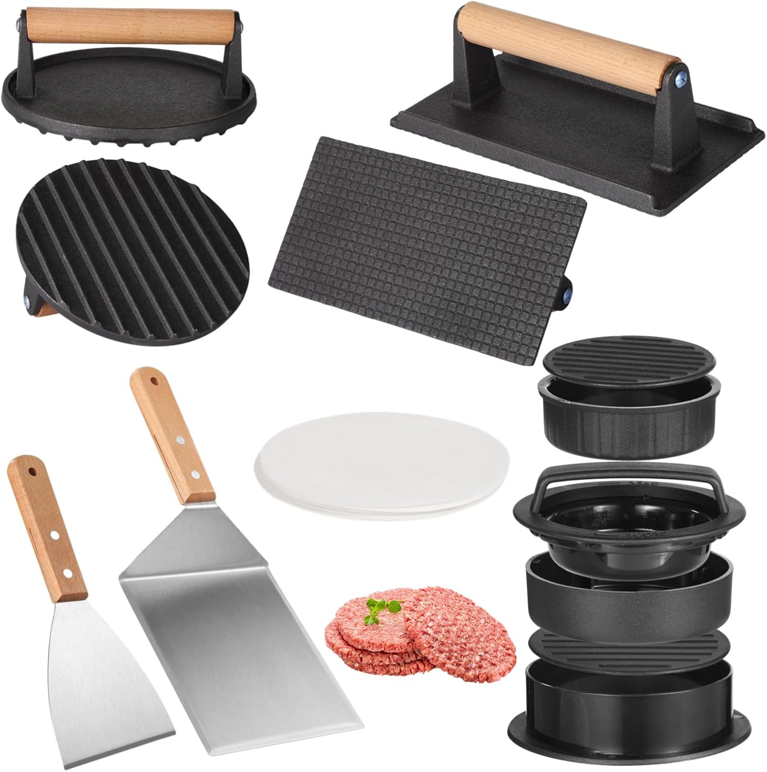 OMISTAR Smash Burger Press BBQ Kit - Round & Rectangular Cast Iron Press, 3 in 1 Patty Maker, Beveled Shovel, 100 Sheets Baking Paper for Griddle Cooking Burger Making