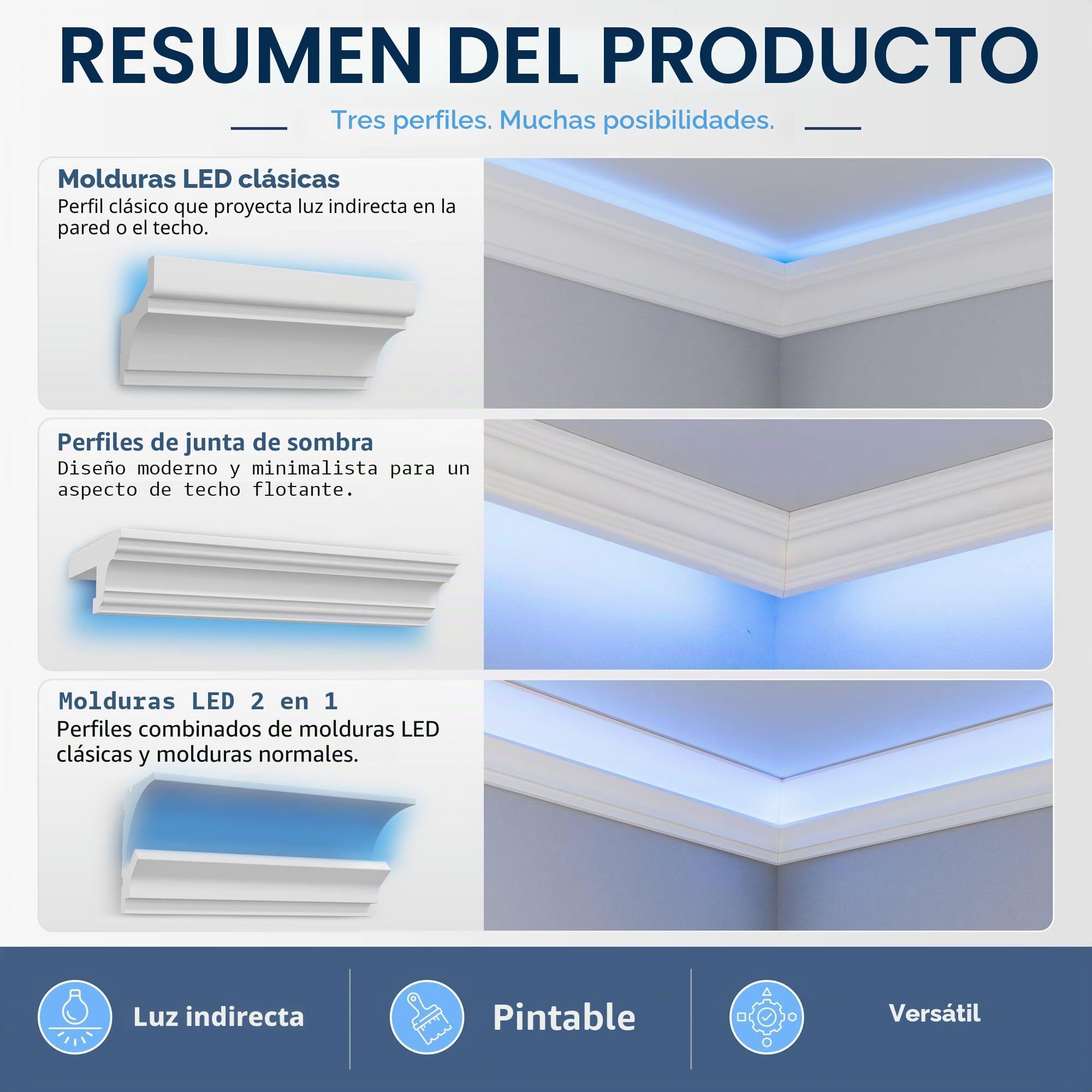 HEXIMO LED molduras de estuco 2en1, iluminación indirecta molduras de techo XPS poliestireno perfil de iluminación abombado (10,2 Metros HLED 19)