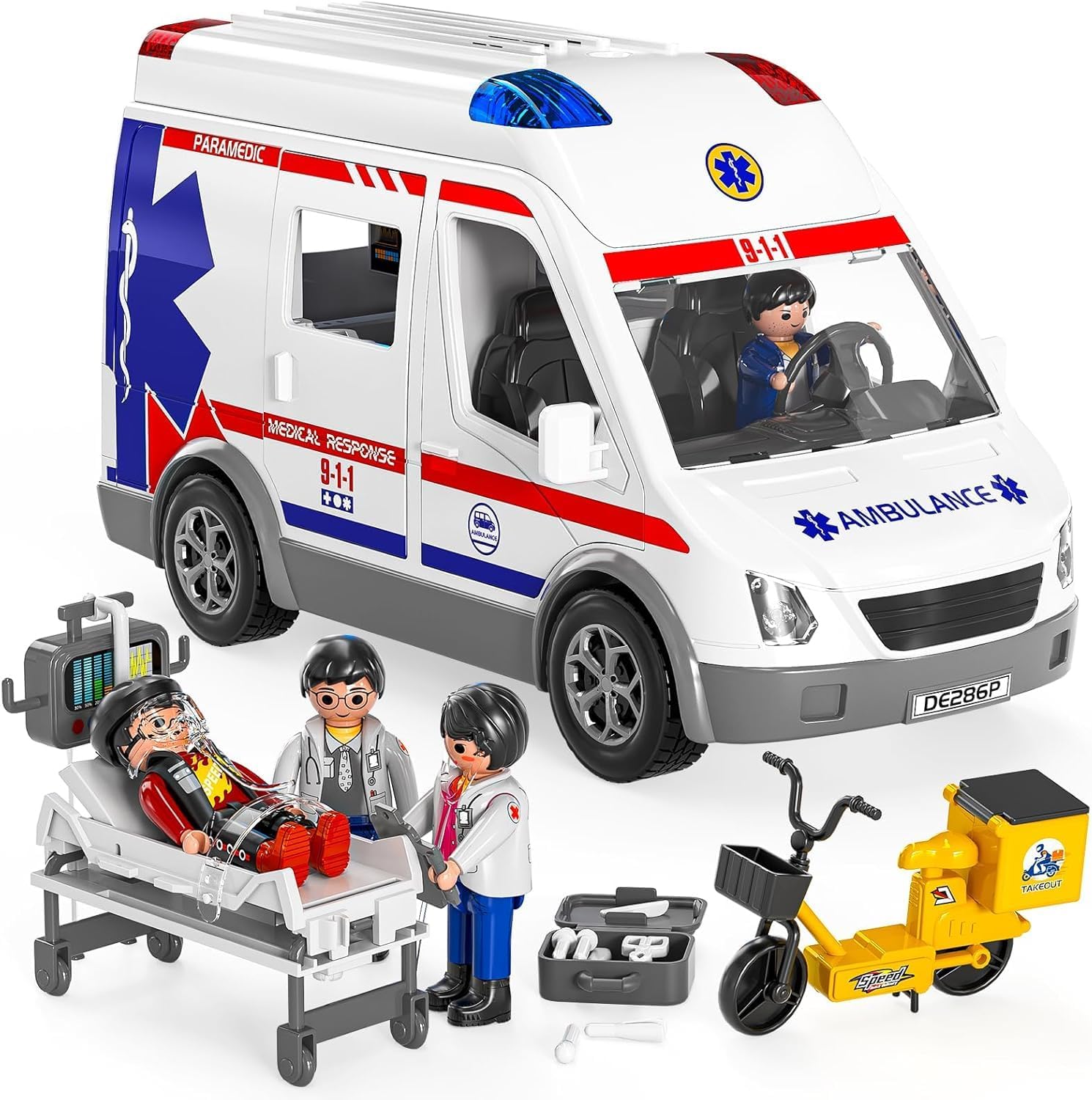 Push & Go Ambulance Toy Playset | Emergency Vehicle with Realistic Lights & Sounds, 4 Buildable Figures, Stickers, and Accessories for Ages 3+