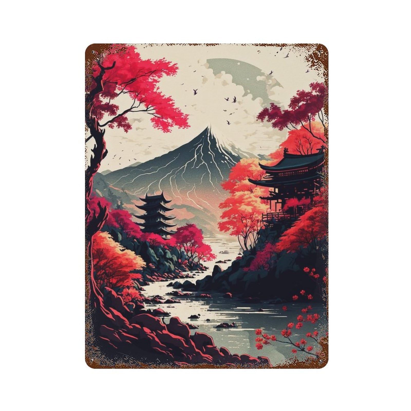 Mount Fuji Painting 15.7"x11.8" Aged Metal Wall Plaque, Retro Wall Decor for Farmhouse, Kitchen And Entryway Decor