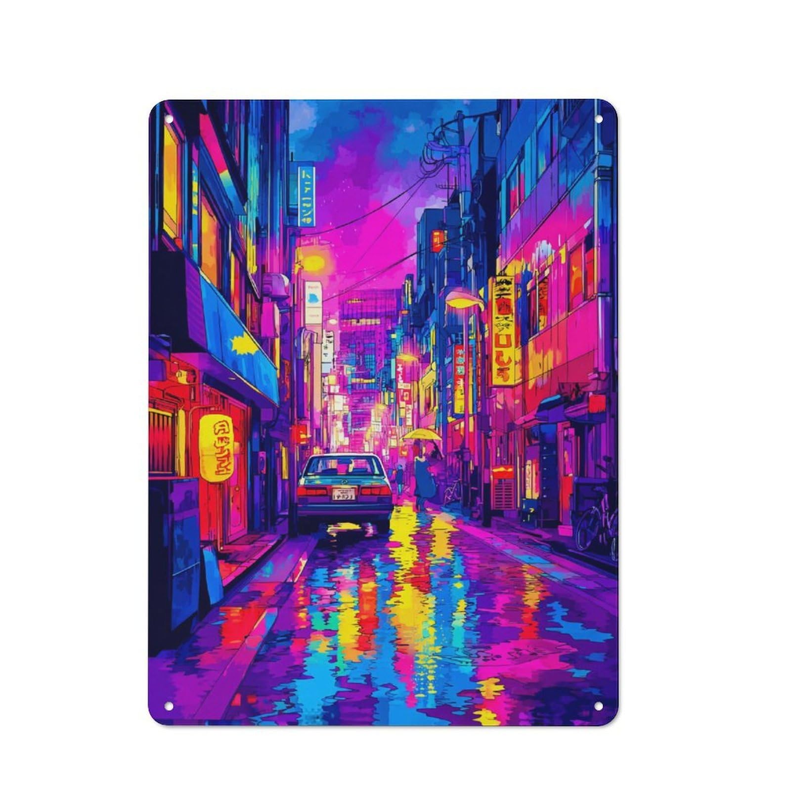 Neon Cityscape Vibrant Street Scene Retro Metal Wall Sign 40x30cm for Café Or Home Bar, for Home Bar Enthusiasts, for Retro Home Interiors