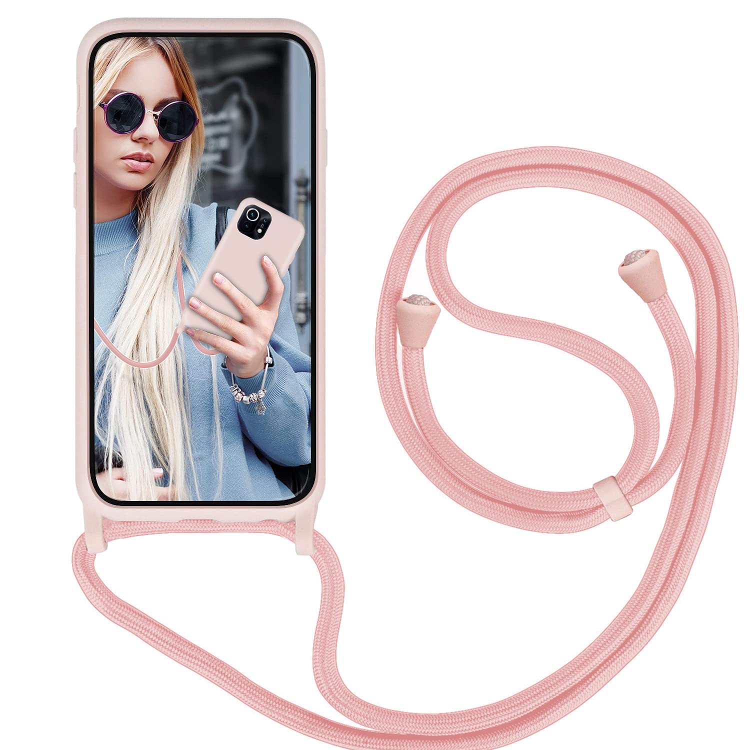 PekaTech Custodia Con Collana Per Xiaomi Poco F3 / Mi 11i - Cover TPU Trasparente Morbida Con Cordino Tracolla Regolabile - Rosa - 3