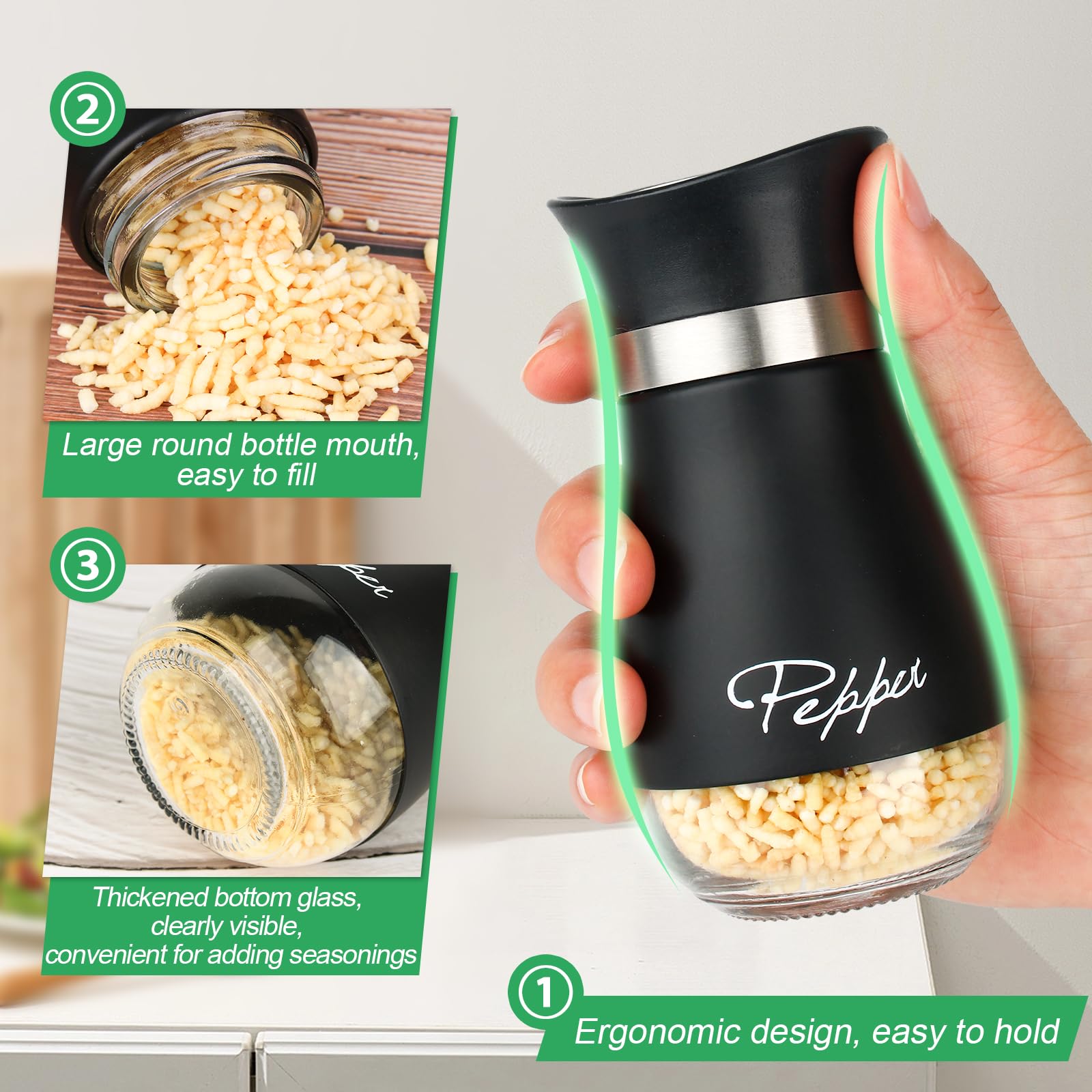 Quixotical 2 stuks zout- en pepershakers, zout- en peperpotten met glazen bodem, roestvrijstalen zout- en pepershakerset, keukenaccessoires voor thuis, keuken, restaurant